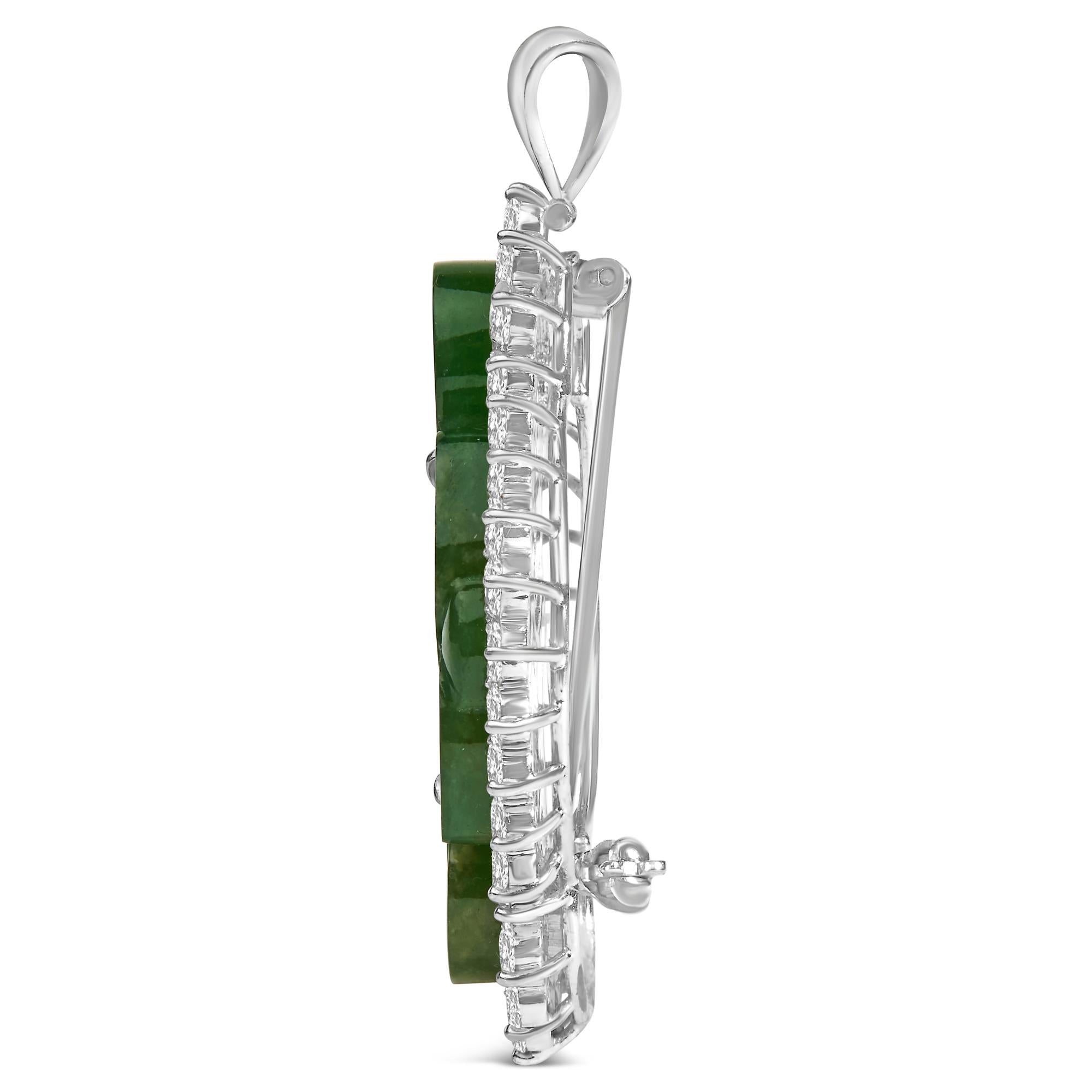 18K White Gold 2.00 Cttw Diamond Halo and Jade Shield Brooch Pin and Pendant (G-H Color, VS1-VS2 Clarity) CHAIN NOT INCLUDED-2