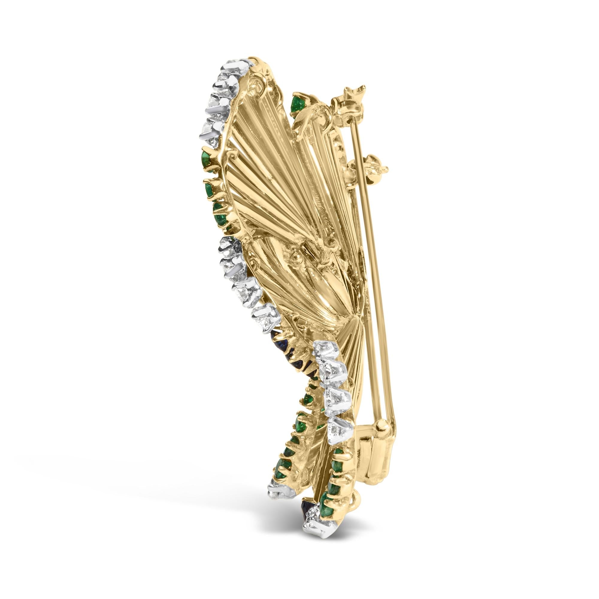 18K Yellow Gold 2 1/3 Cttw Diamond, Sapphire, and Emerald Sculpted Petal Brooch Pin (G-H Color, VS1-VS2 Clarity)-2