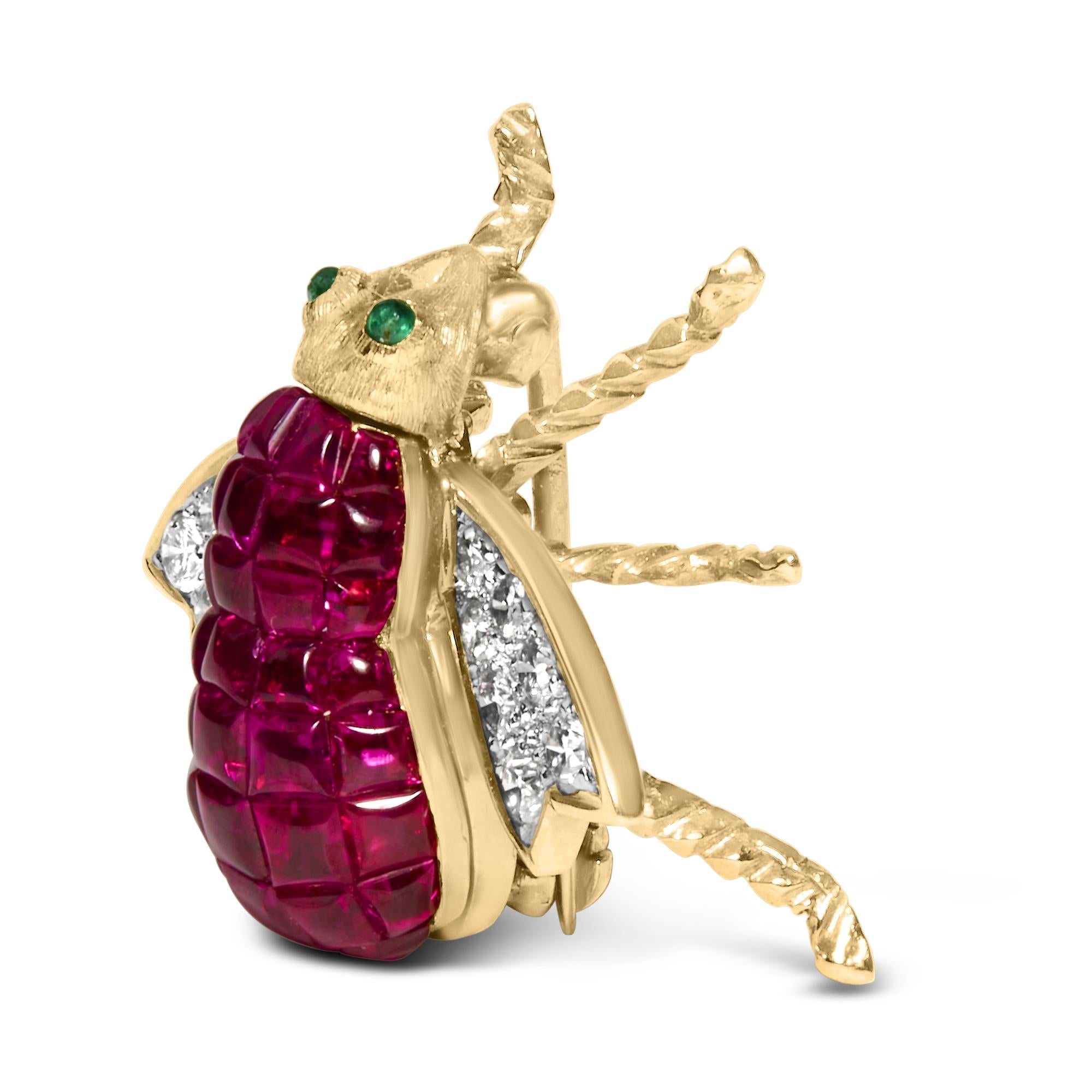 18K Yellow Gold 3/8 Cttw Diamond and 6 3/4 Cttw Red Ruby Bumblebee Brooch Pin (F-G Color, VS2-SI1 Clarity)-2