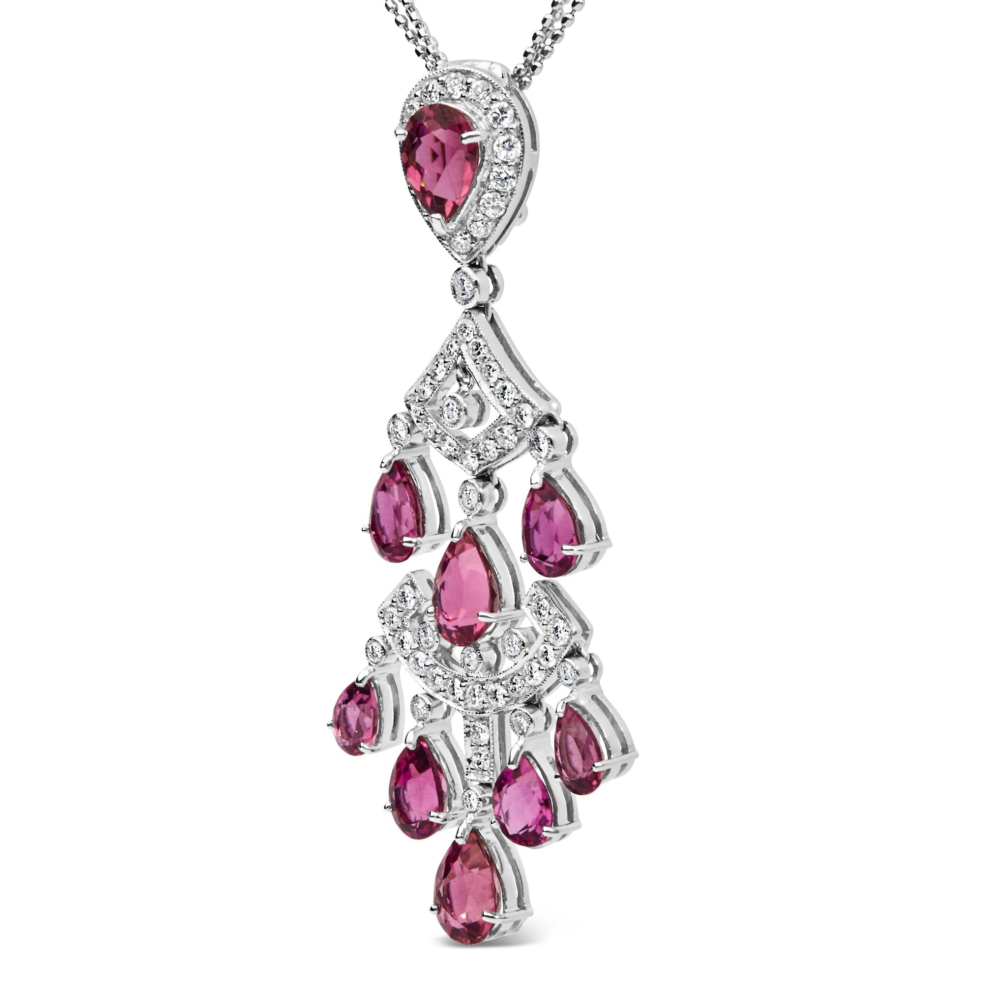 18K White Gold 1 1/10 Cttw Diamond and Pink Tourmaline Double-Strand Art Deco Inspired Chandelier 18" Pendant Necklace (F-G Color, VVS2-VS1 Clarity)-2