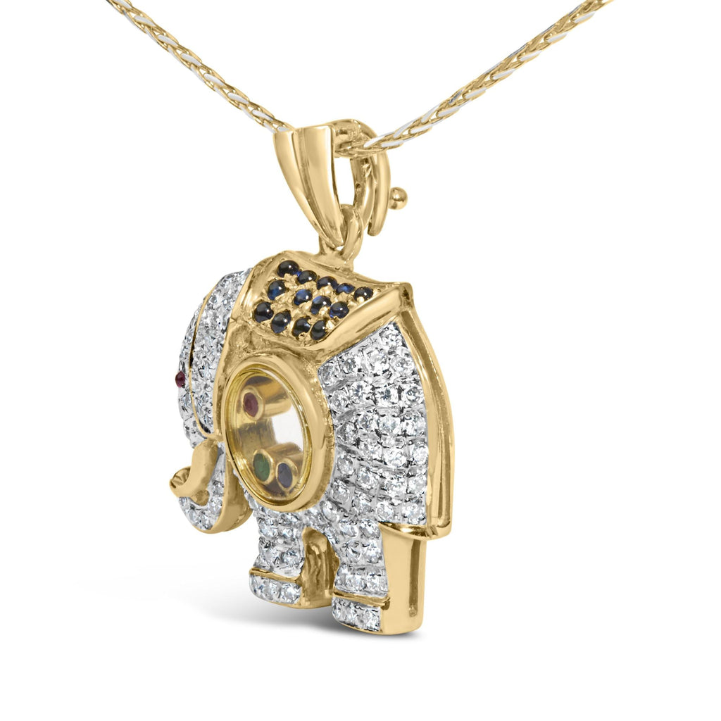 18K Yellow Gold 3/4 Cttw Diamond Elephant Shaker Pendant Necklace with Emerald, Ruby, and Sapphire (G-H Color, VS2-SI1 Clarity)-2
