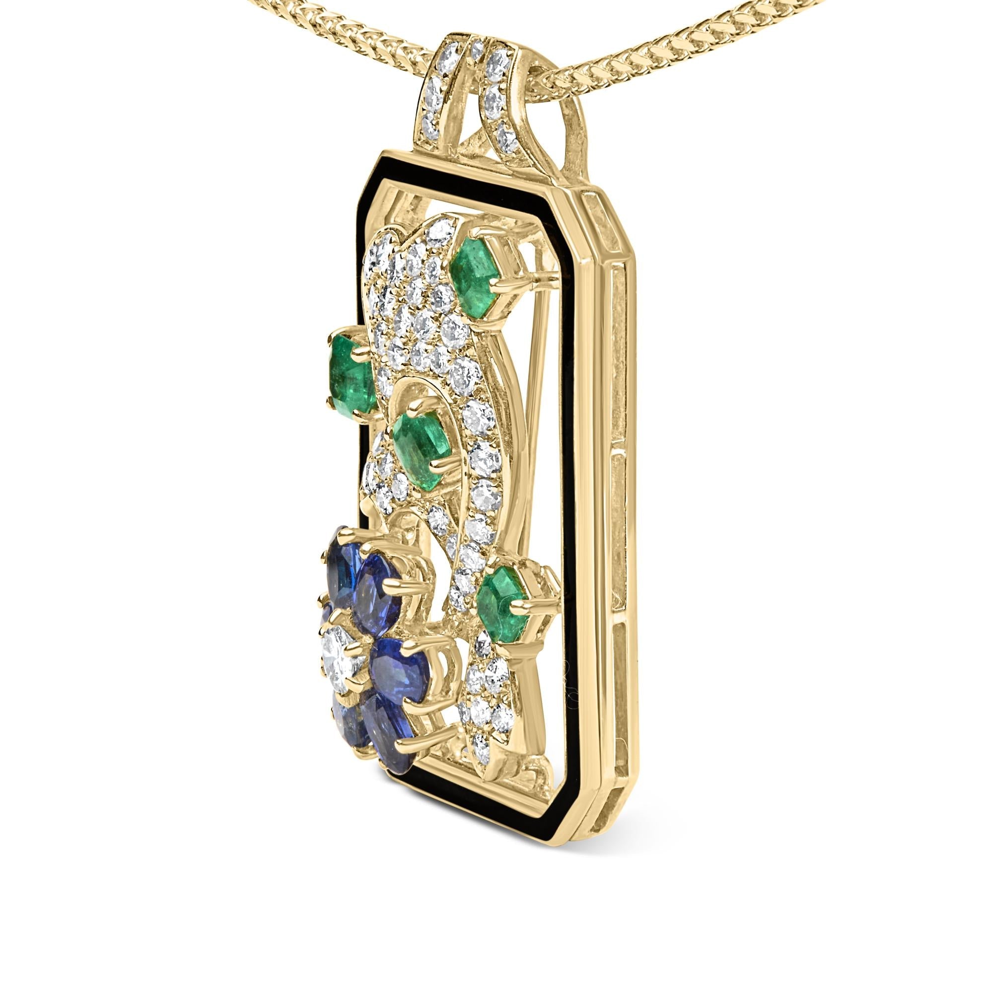 18K Yellow Gold 2 1/3 Cttw Diamond, Sapphire, and Emerald Dog Tag with Dolphin Silhouette Convertible 18" Pendant Necklace and Brooch (G-H Color, SI1-SI2 Clarity)-2