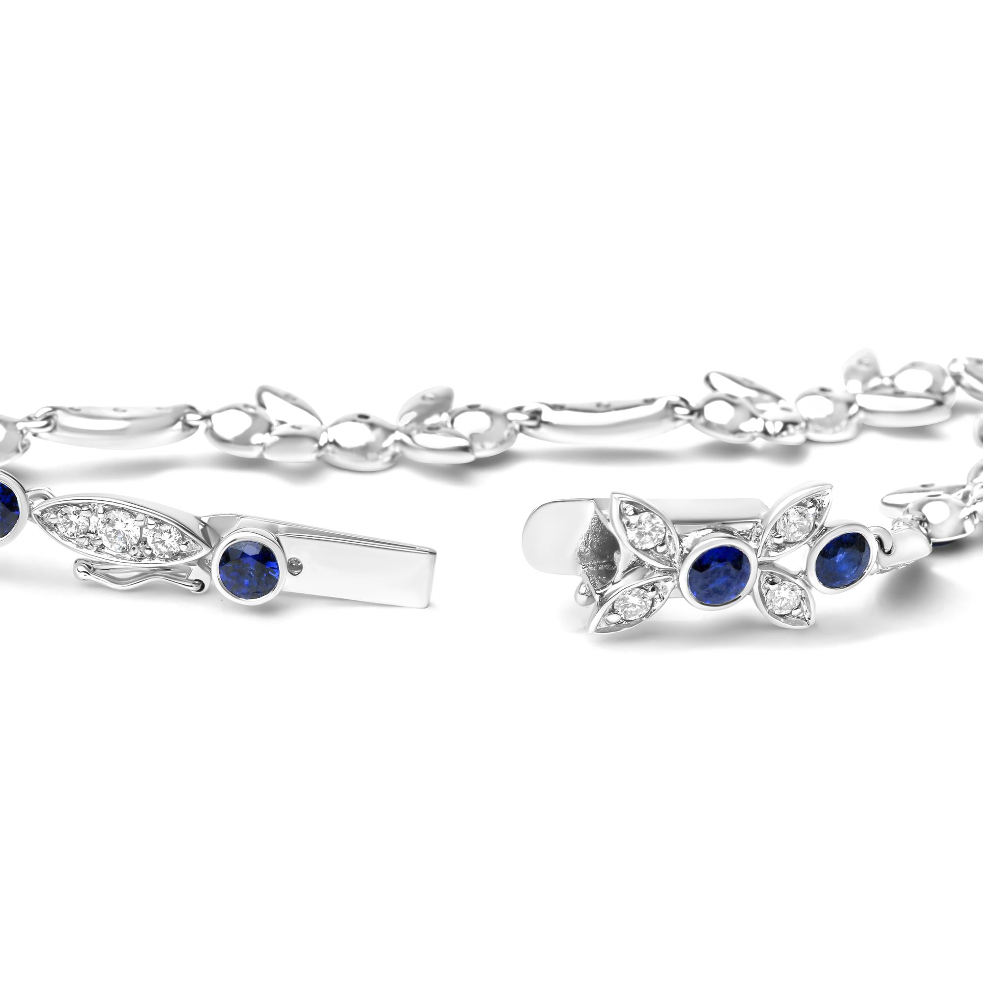 18K White Gold 1 3/4 Cttw Diamond and 3x3mm Round Blue Sapphire Gemstone Floral Link Bracelet (G-H Color, SI1-SI2 Clarity) - Size 7"-2