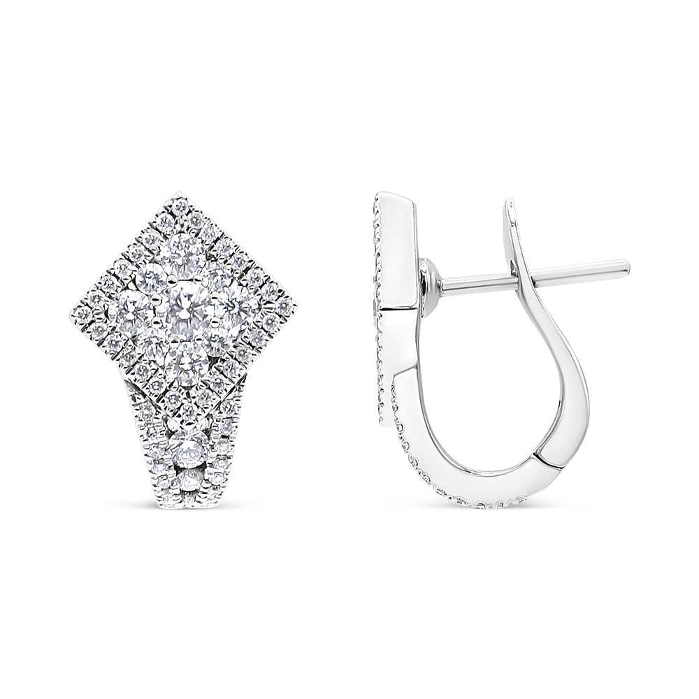 18K White Gold 1 1/10 Cttw Round Diamond Cluster with Halo Hoop Huggie Earring (F-G Color, VS1-VS2 Clarity)-2