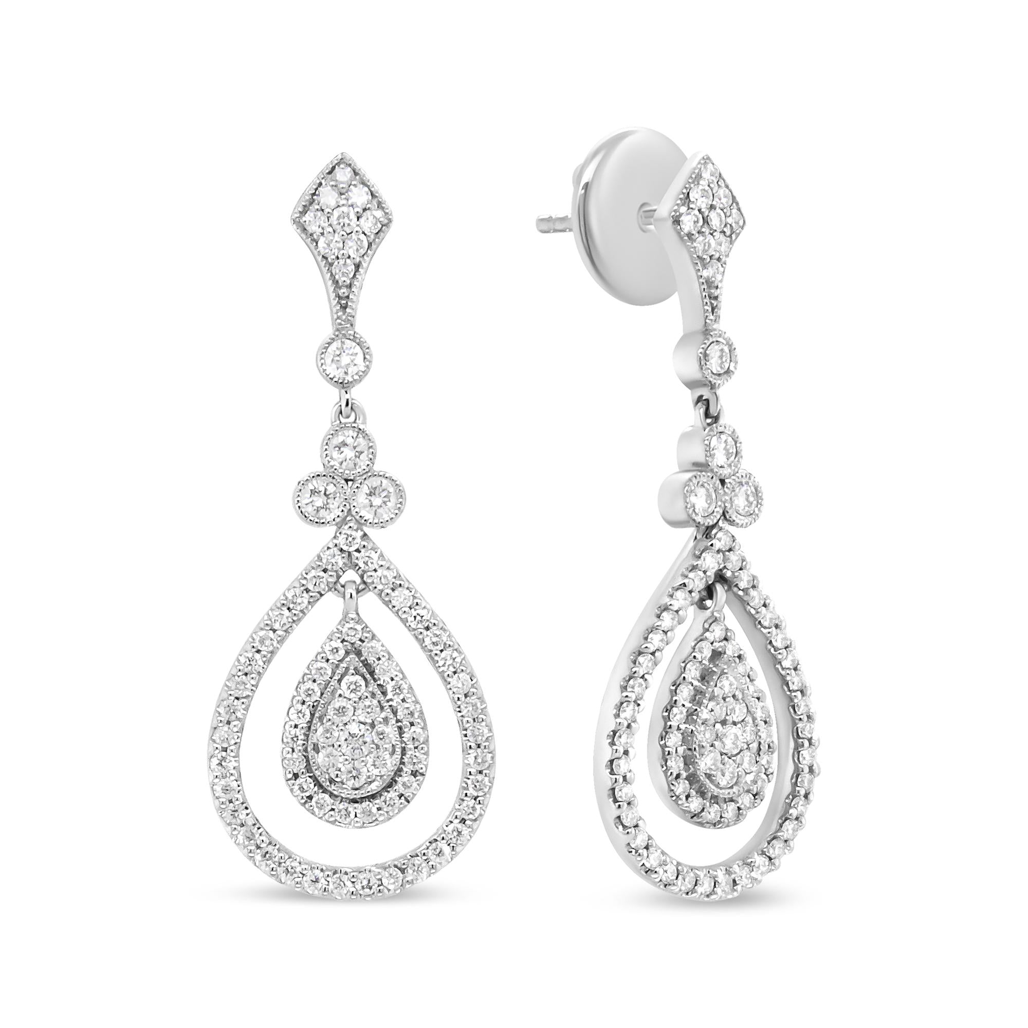 18K White Gold 1 1/4 Cttw Round Diamond Openwork Teardrop-Shaped Dangle Earrings (F-G Color, VS1-VS2 Clarity)-2