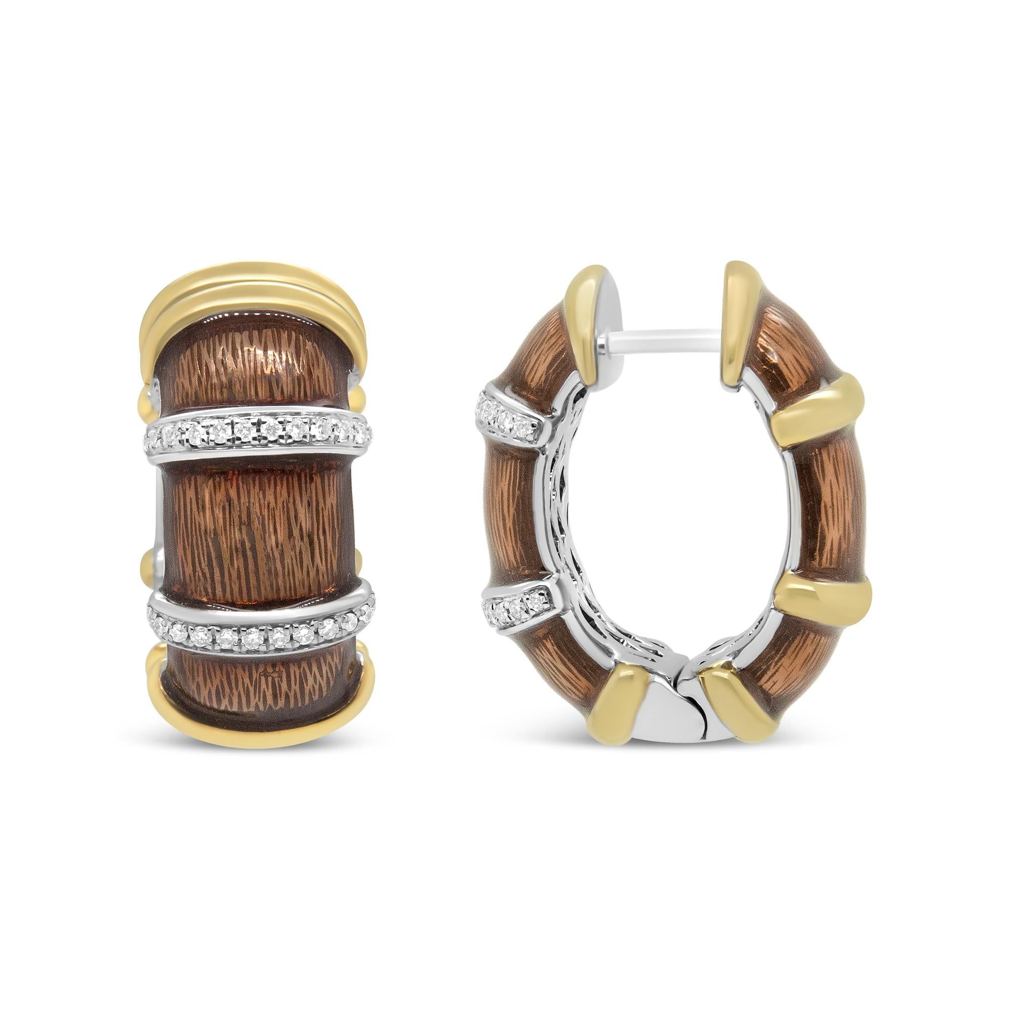18K Yellow and White Gold Flash Plated .925 Sterling Silver Clear Brown Enamel 9/10 Cttw Round Diamonds Huggie Hoop Earrings (F-G Color, VS1-VS2 Clarity)-2