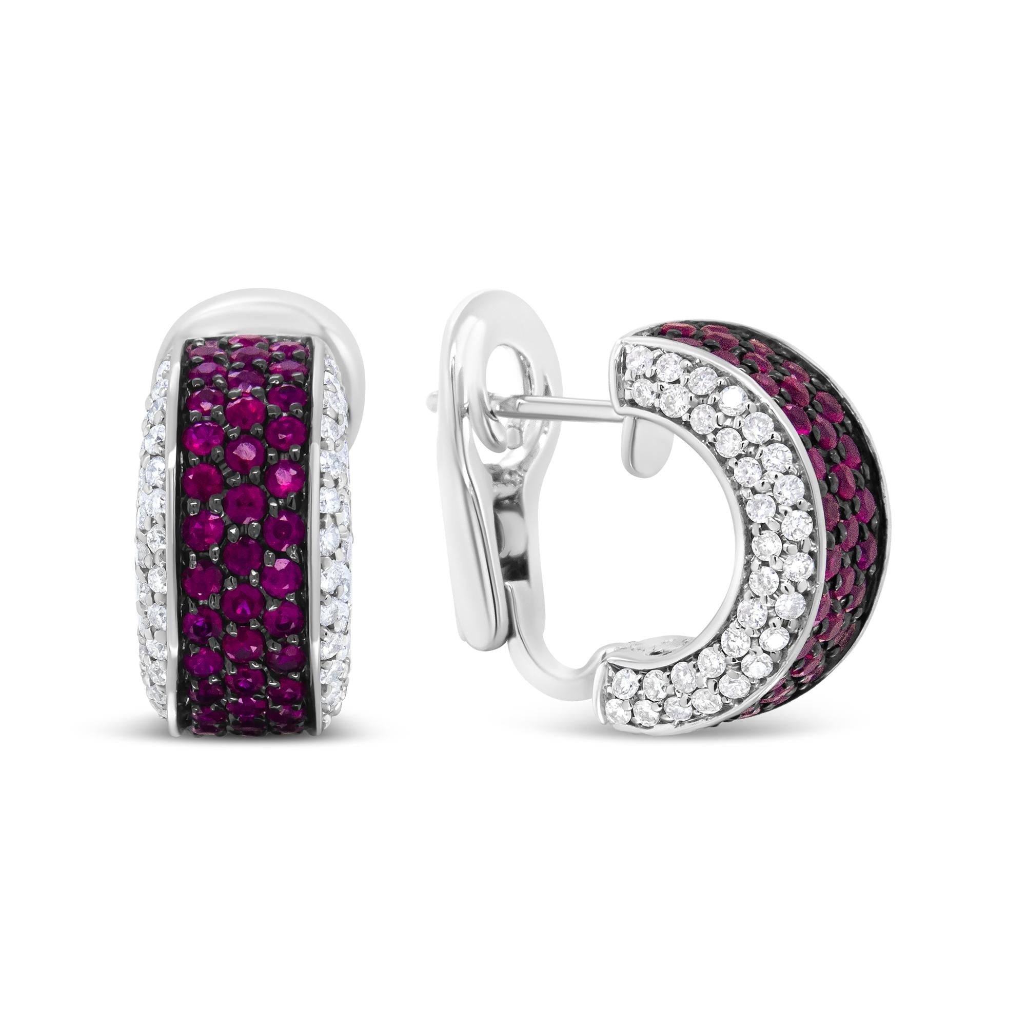 18K White Gold and Black Rhodium Plated 3/4 Cttw Round Diamonds and 1mm Round Red Ruby Huggie Hoop Earrings (F-G Color, VS1-VS2 Clarity)-2