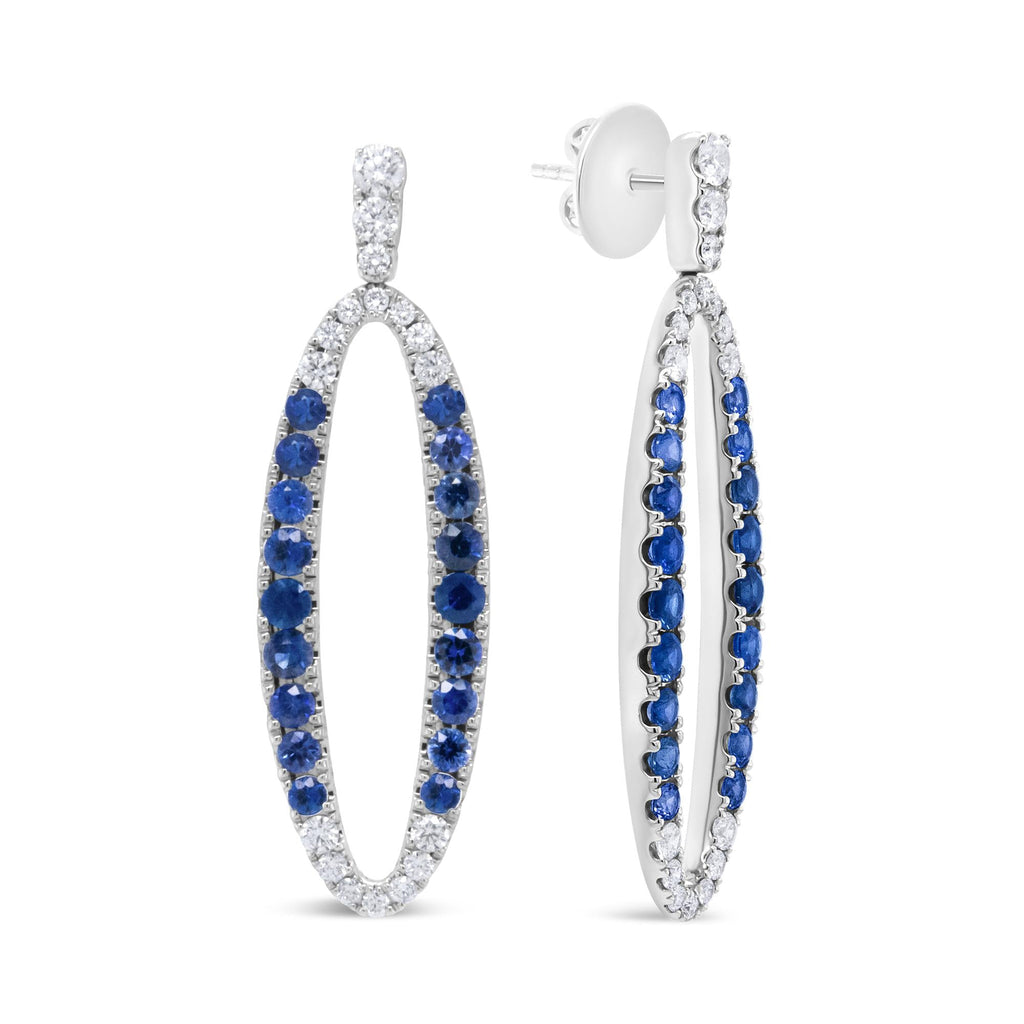 18K White Gold 1.11 Cttw Blue Round Diamond and Blue Sapphire Openwork Oval Shaped Dangle Earrings (F-G Color, VS1-VS2 Clarity)-2