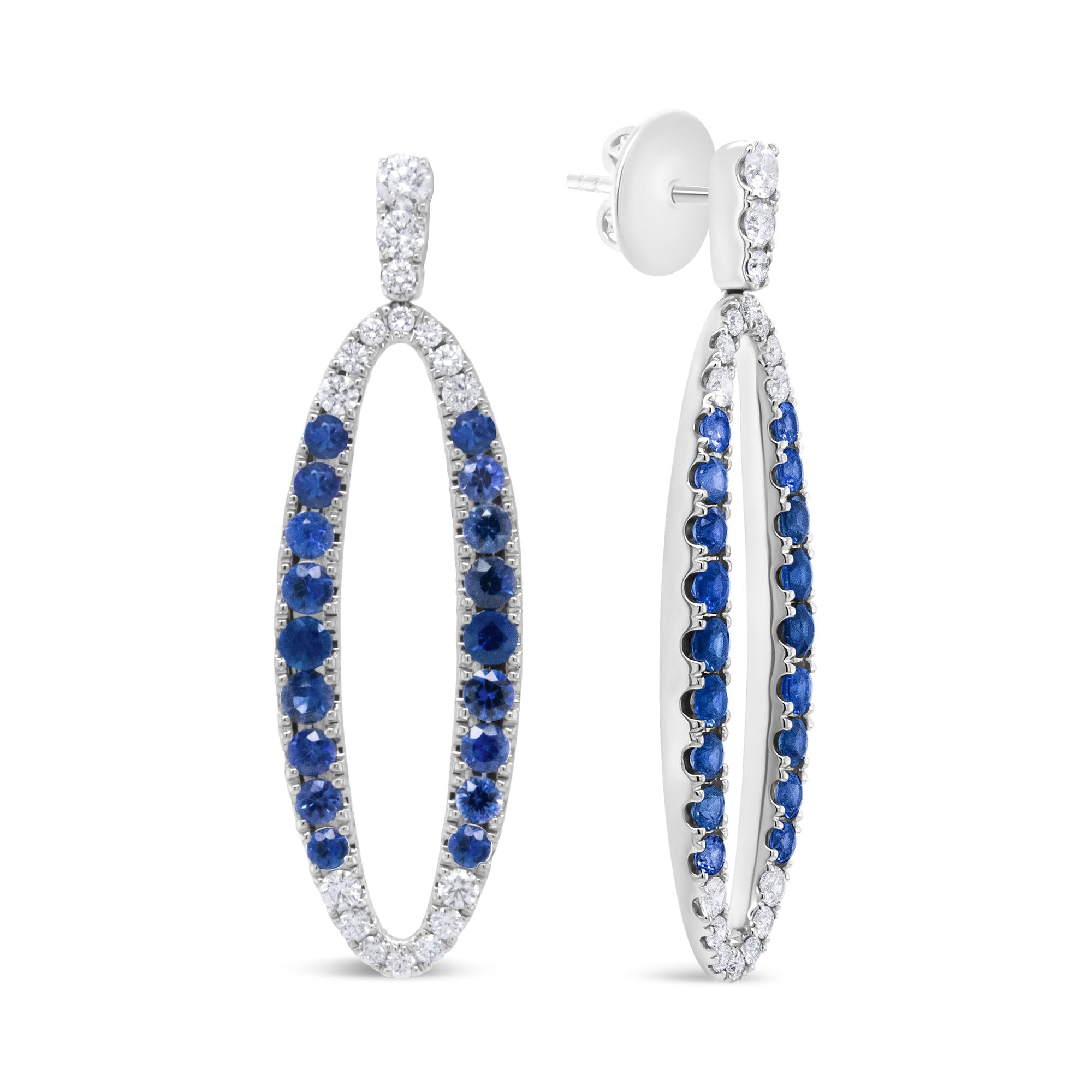 18K White Gold 1.11 Cttw Blue Round Diamond and Blue Sapphire Openwork Oval Shaped Dangle Earrings (F-G Color, VS1-VS2 Clarity)-2