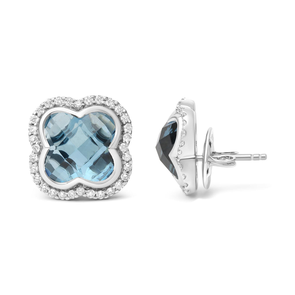 18K White Gold 3/8 Cttw Diamond and 11x11mm Clover-Cut London Blue Topaz Gemstone Halo Clover Stud Earrings (G-H Color, SI1-SI2 Clarity)-2
