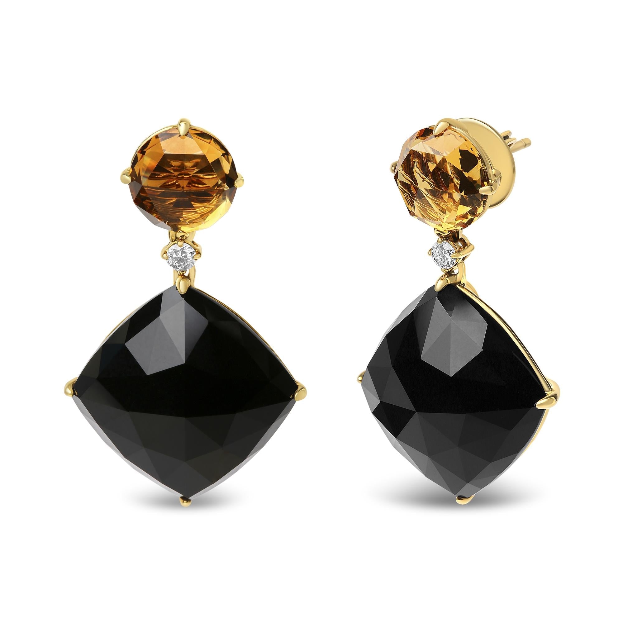 18K Yellow Gold 1/5 Cttw Diamond with Round Yellow Citrine and Cushion Cut Black Onyx Gemstone Dangle Earring (G-H Color, SI1-SI2 Clarity)-2