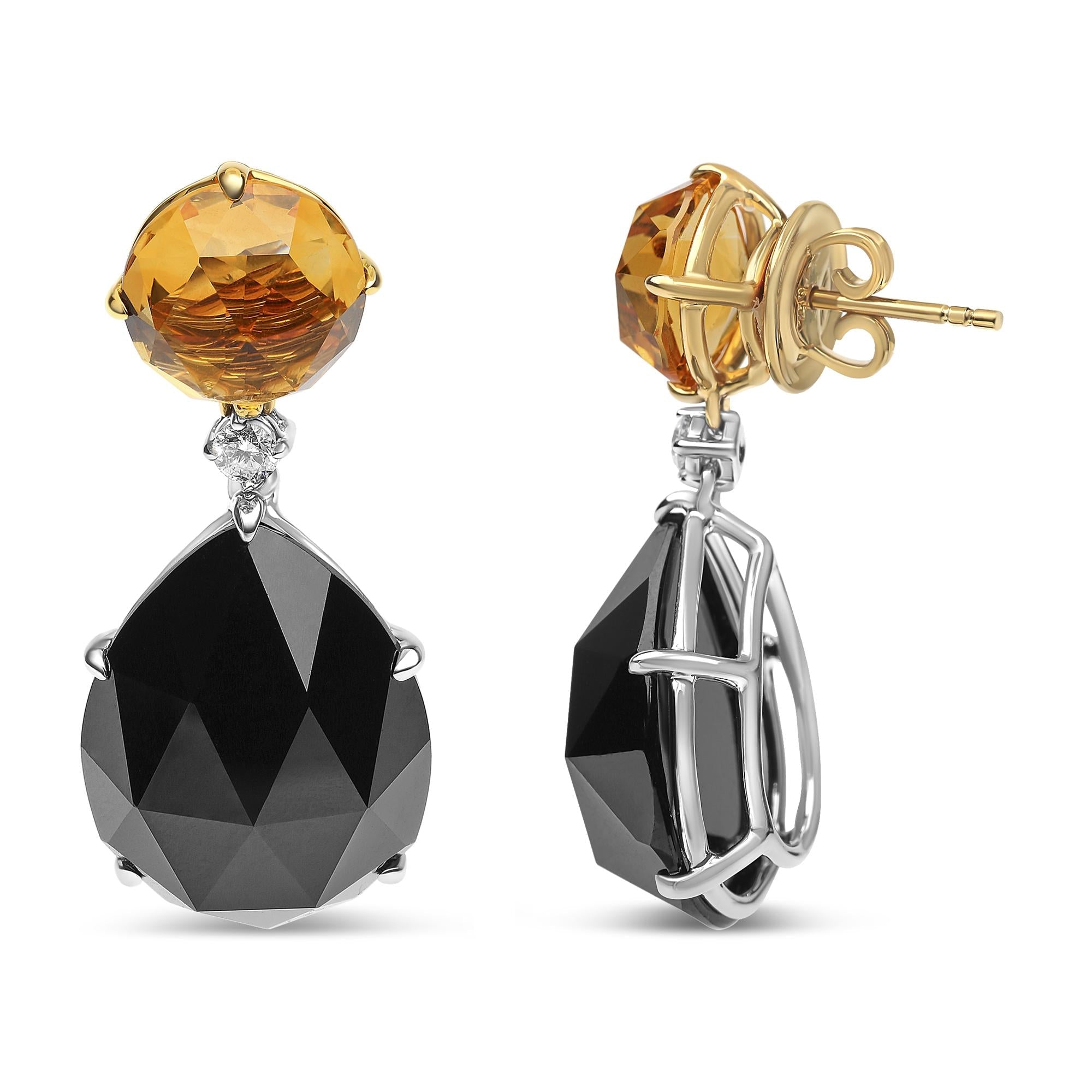 18K White and Yellow Gold 1/5 Cttw Diamond with Round Yellow Citrine and 20x15mm Pear Cut Black Onyx Gemstone Dangle Earring (G-H Color, SI1-SI2 Clarity)-2