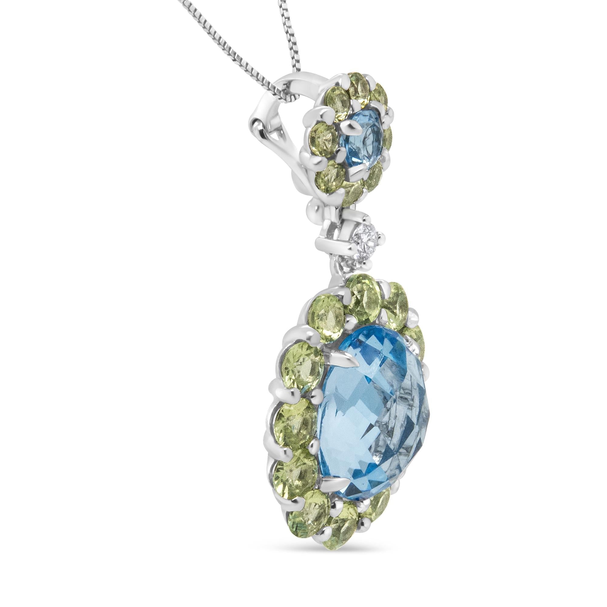 18k White Gold 0.05 Cttw Round Diamond and Blue Topaz and Green Peridot Gemstone Halo Drop 18" Pendant Necklace (F-G Color, VS1-VS2 Clarity)-2