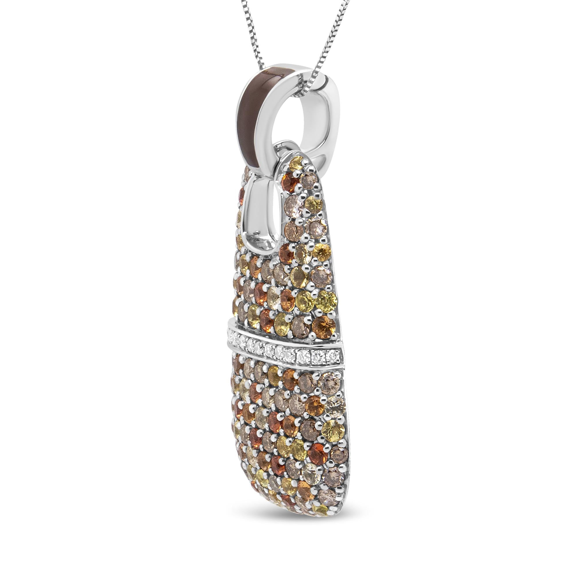 .925 Sterling Silver Brown Enamel 1 Cttw White and Brown Diamonds and  1.5mm Yellow and Orange Sapphire Gemstones Statement 18" Pendant Necklace (Brown and F-G Color, VS1-VS2 Clarity)-2
