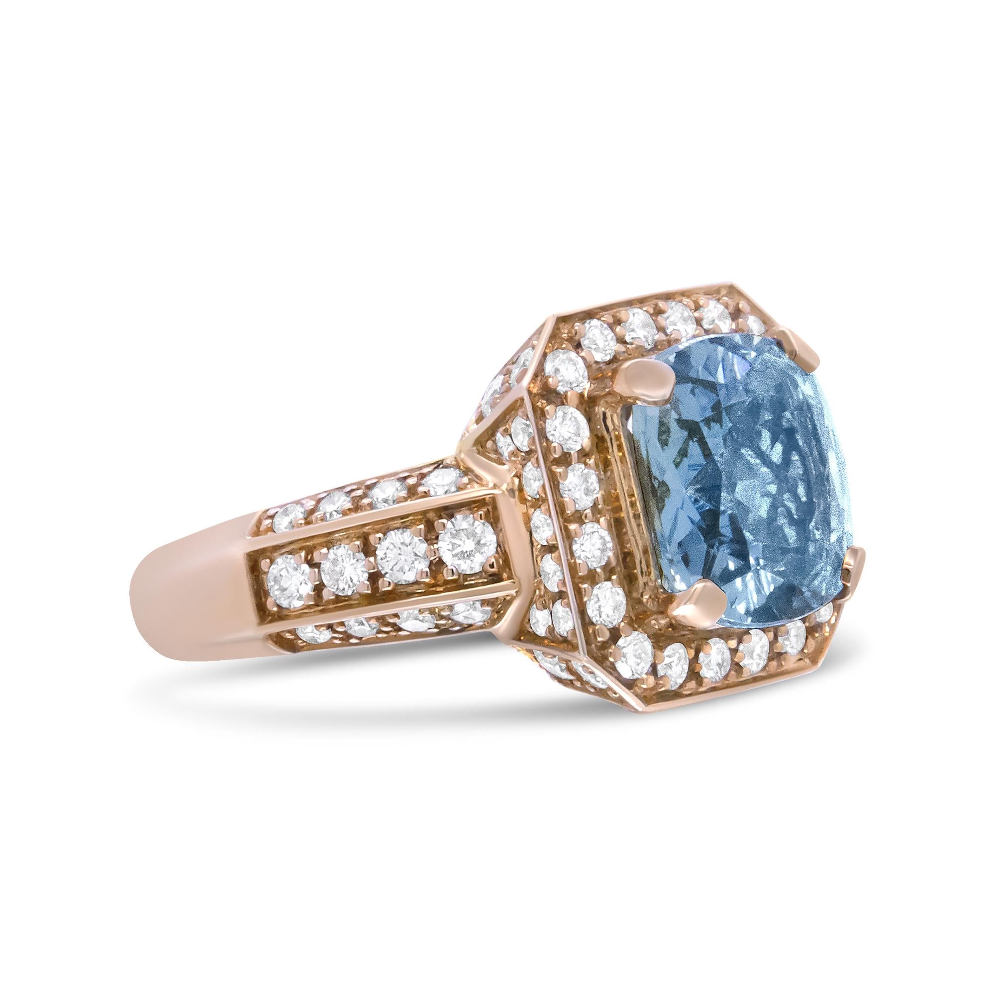 18K Rose Gold 10x10mm Cushion Shaped Aquamarine and 1 1/8 Cttw Round Diamond Halo Ring (F-G Color, VS1-VS2 Clarity)-2