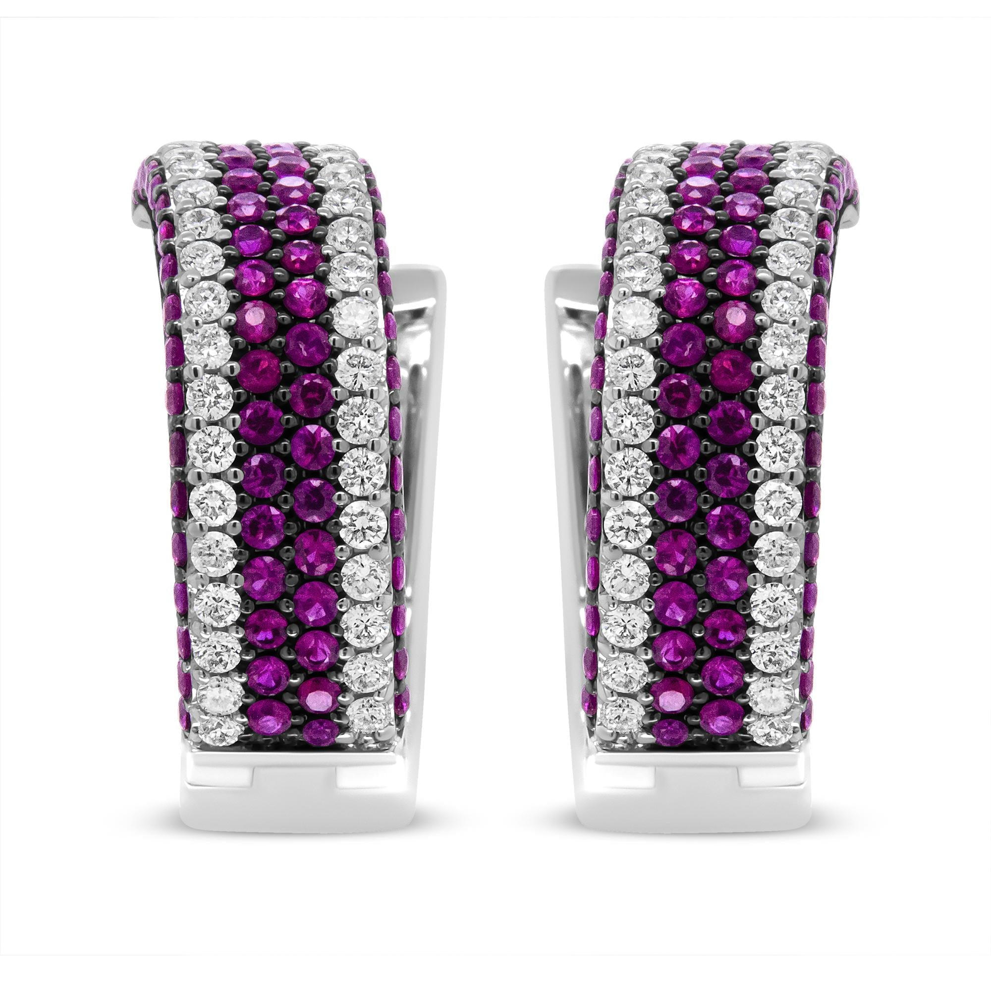 18K White Gold 1 7/8 Cttw Diamond and 1mm Round Red Ruby Open Swish Hoop Earrings (F-G Color, VS1-VS2 Clarity)-2