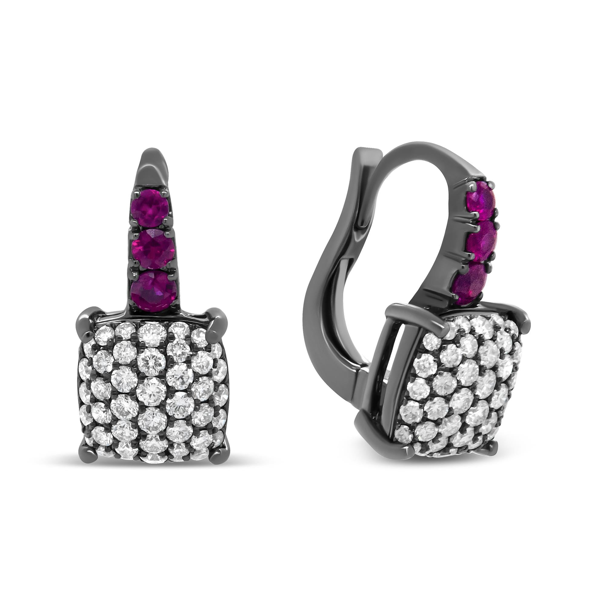 Black Rhodium Plated 18K White Gold 7/8 Cttw Round Diamond and Graduated Red Ruby Drop Earrings (F-G Color, VS1-VS2 Clarity)-2