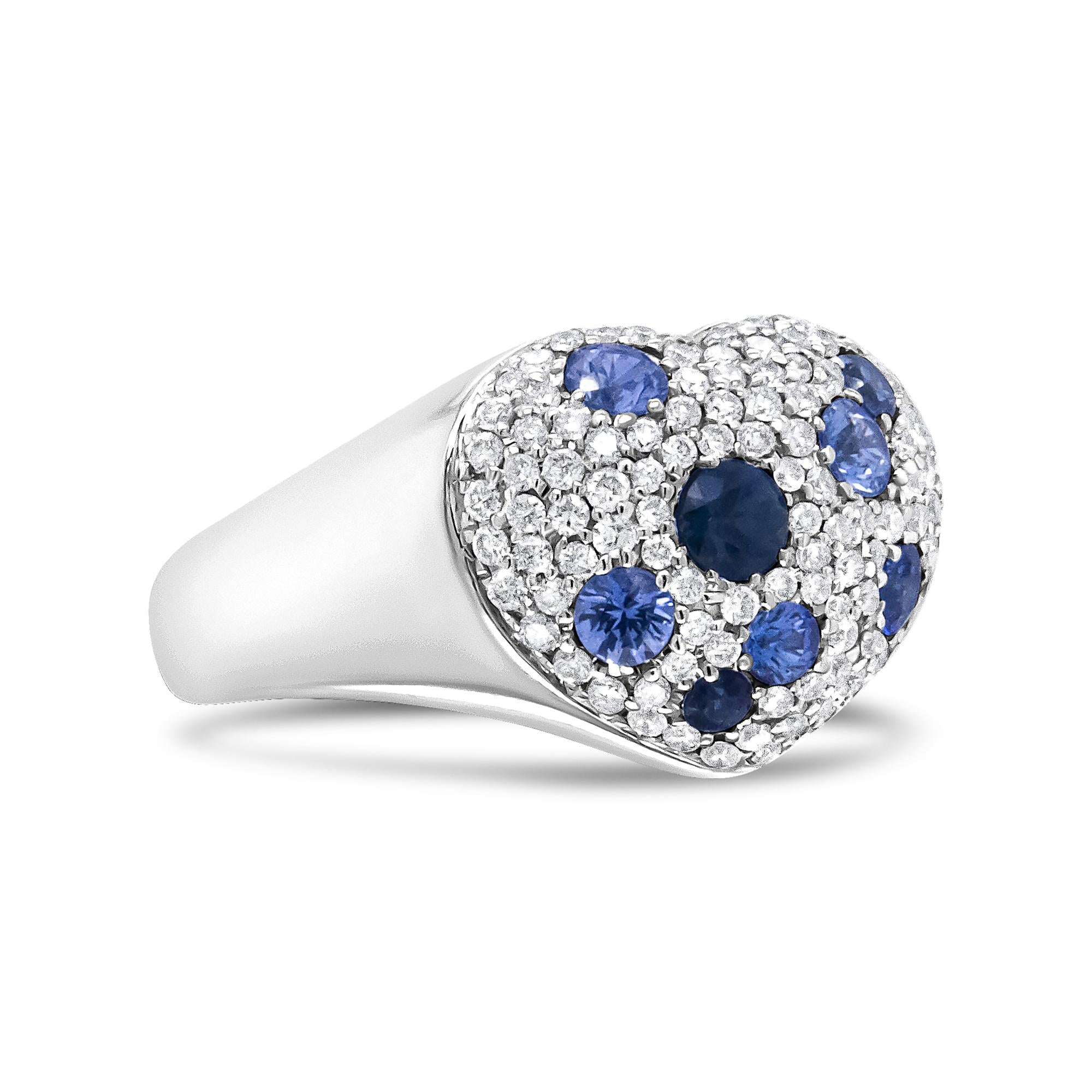 18K White Gold Blue Sapphire and 5/8 Cttw Diamond Cluster Heart Shaped  Ring (F-G Color, VS1-VS2 Clarity)-2