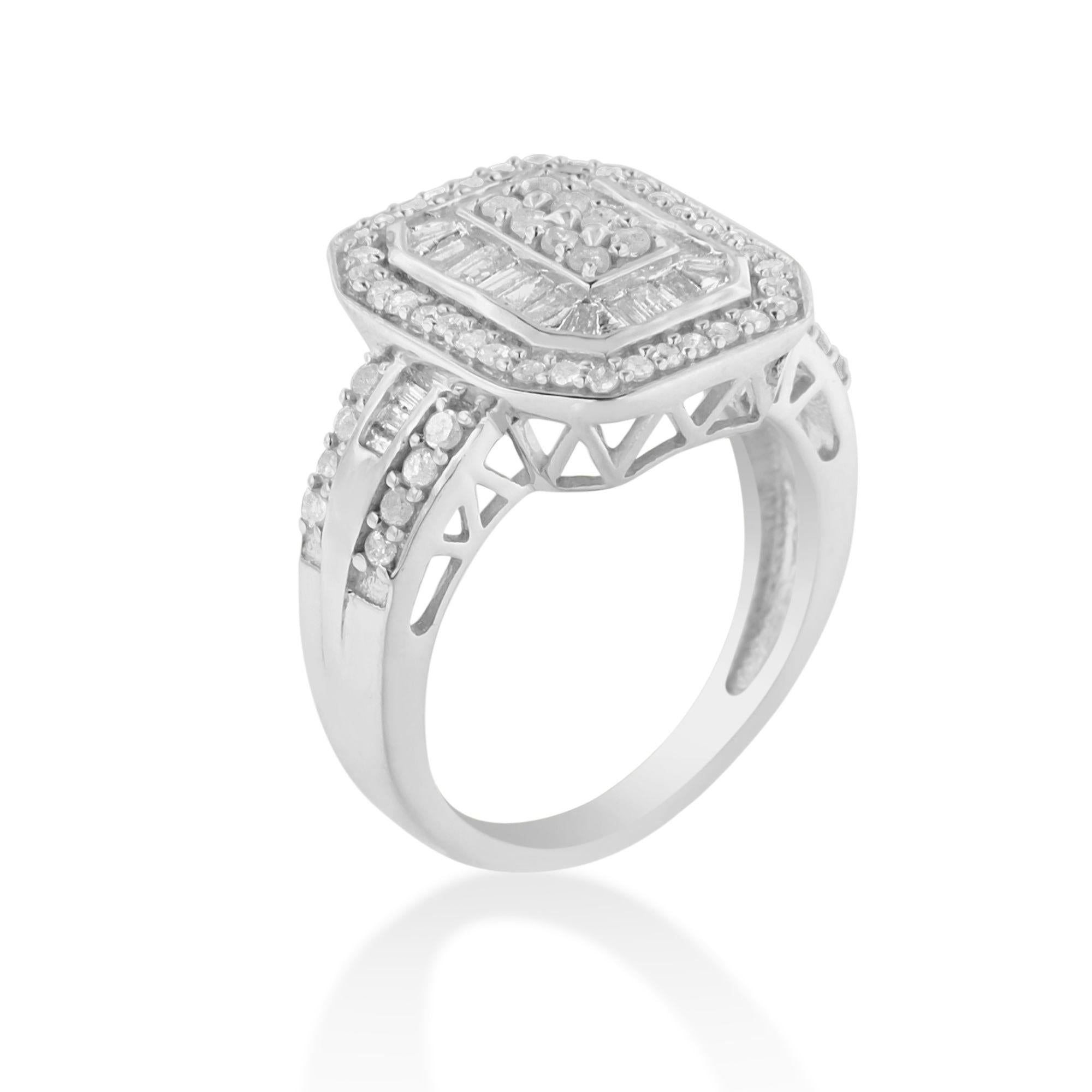 .925 Sterling Silver 1.0 Cttw Round and Baguette Cut Diamond Elongated Octagon Shaped Cocktail Ring (H-I Color, I2-I3 Clarity)-3