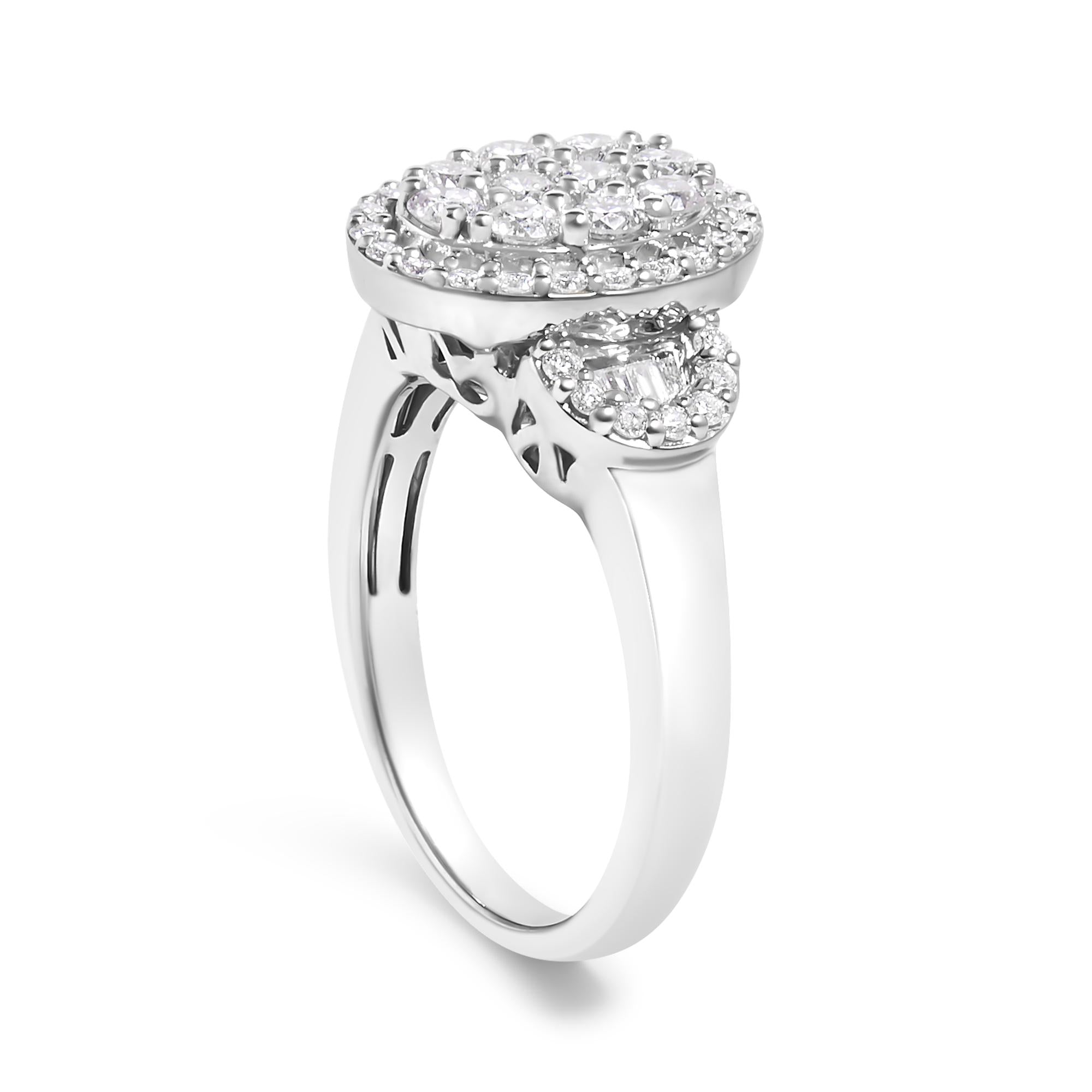 10K White Gold 1.0 Cttw Diamond Oval Cluster with Halo Vintage-Inspired Art Deco 3 Stone Style Statement Ring (G-H Color, SI1-SI2 Clarity)-3