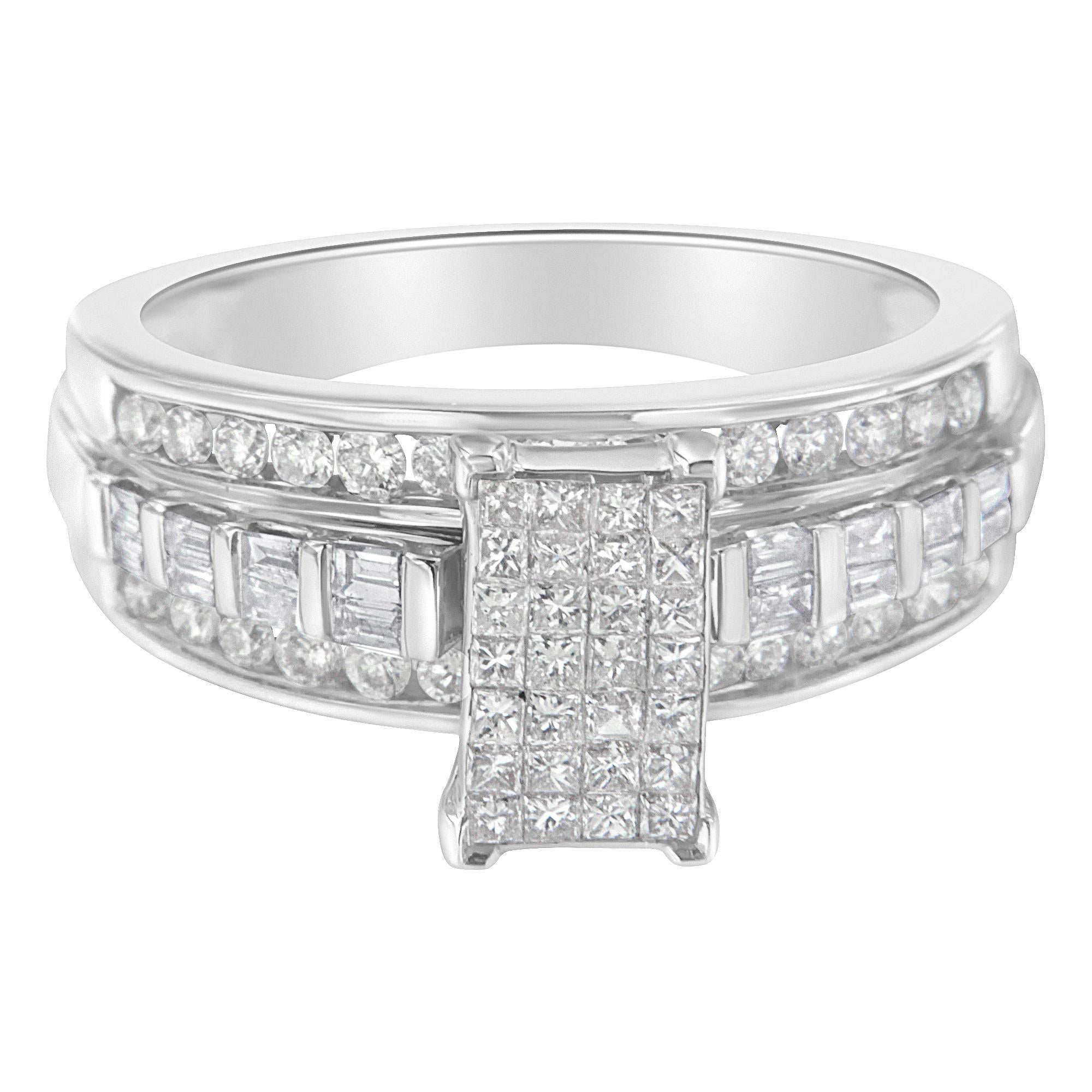 14K White Gold 1.0 Cttw Mixed-Cut Diamond Rectangle Invisible-Set Composite Cluster Ring with Bar- and Channel-Set Band (H-I Color, SI2-I1 Clarity)-3