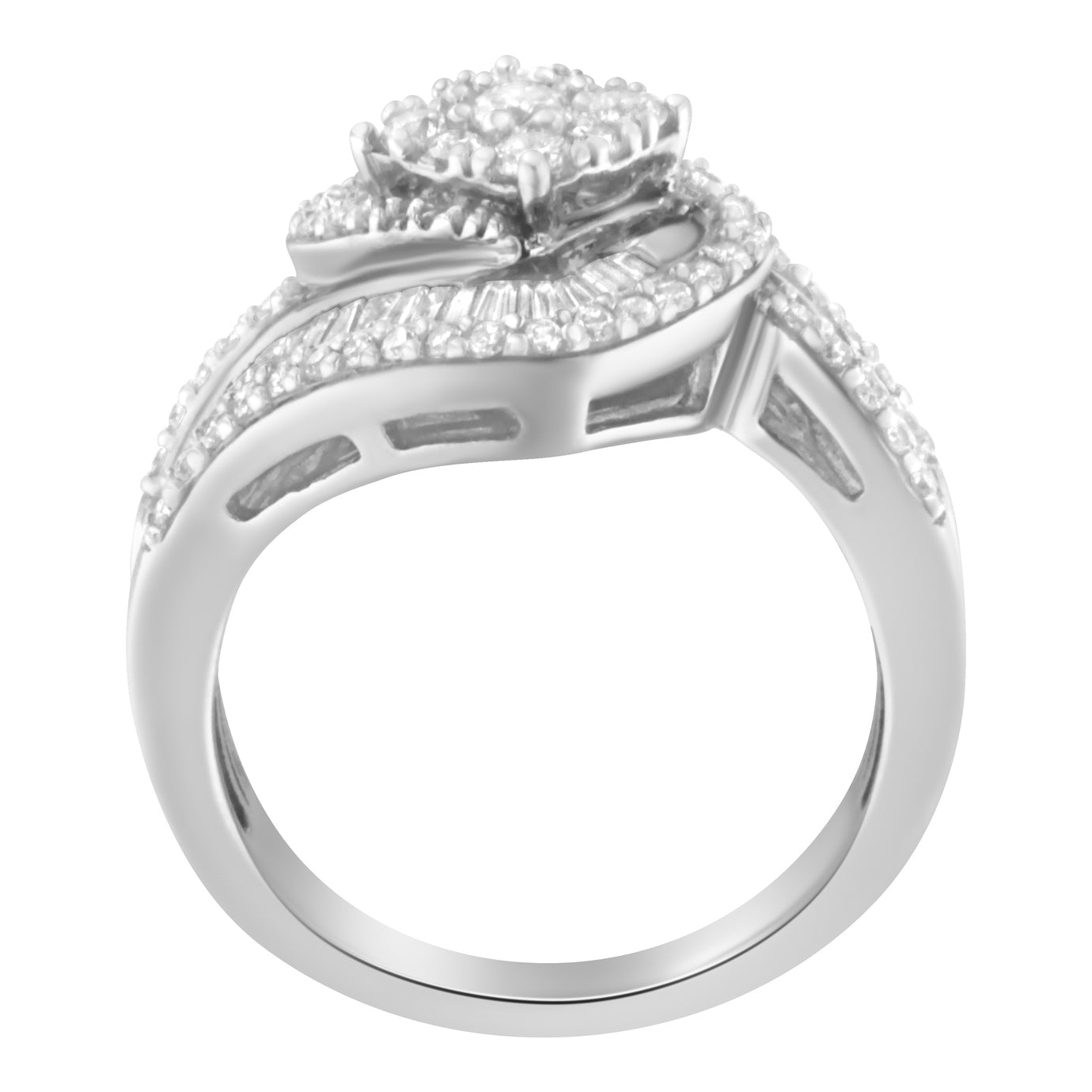 14K White Gold 1.0 Cttw Baguette & Brilliant-Cut Diamond Round Floral Cluster Engagement or Fashion Ring with Swirl Wrapped Triple Row Band (H-I Color, SI2-I1 Clarity)-3