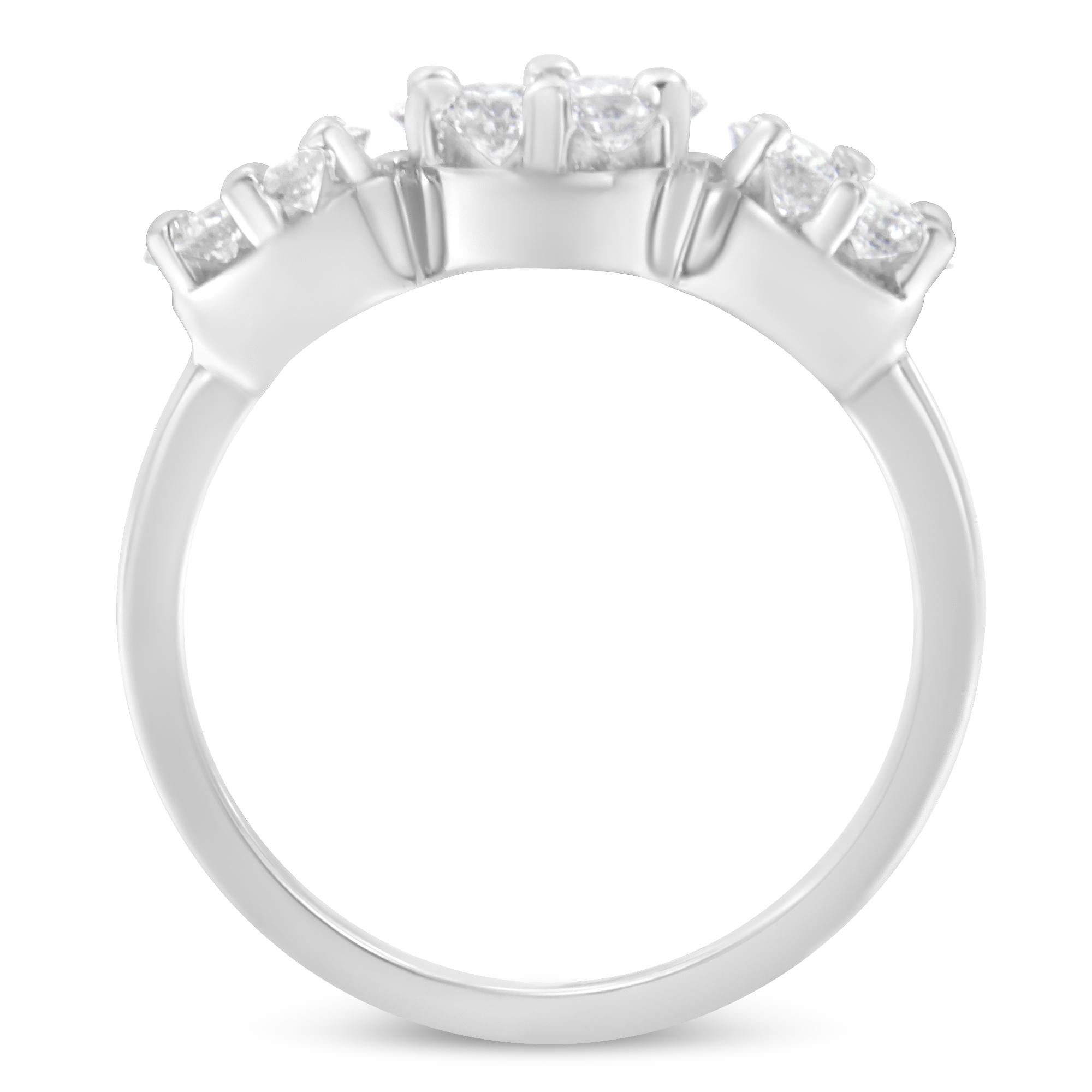 14K White Gold 1-1/4 Cttw Brilliant Cut Diamond Three Round Floral Clusters Engagement or Fashion Ring (H-I Color, SI2-I1 Clarity)-3