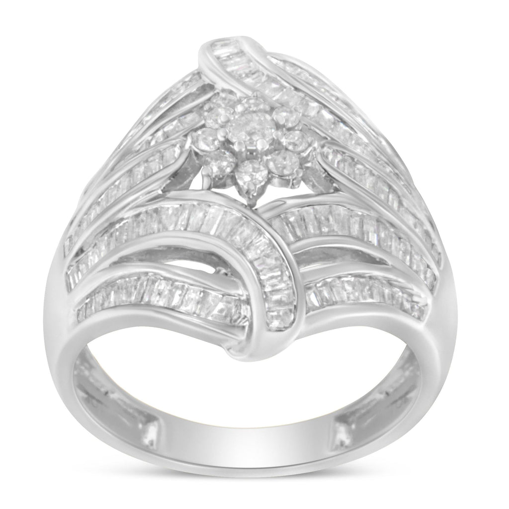 .925 Sterling Silver 1-1/8 Cttw Round & Baguette Diamond 'Flower & Fern' Cluster Cocktail Fashion Ring (I-J Color, I2-I3 Clarity)-3
