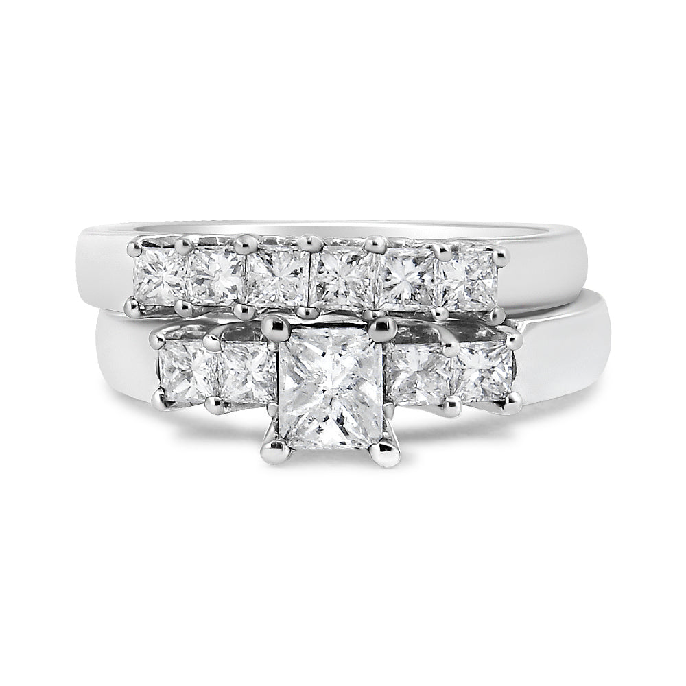 14K White Gold 1 1/2 Cttw 5 Stone Princess Diamond Engagement Wedding Ring Set (H-I Color, SI2-I1 Clarity)-3