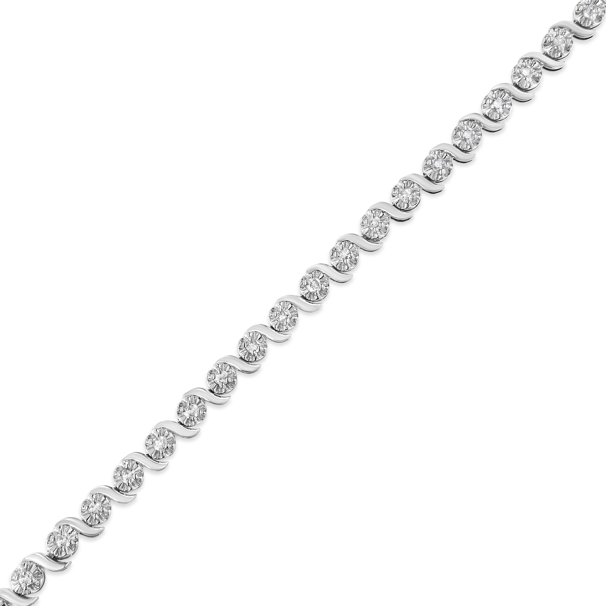 .925 Sterling Silver 1.0 Cttw Diamond Spiral Wave Curved-Link 7" Tennis Bracelet (I-J Color, I3 Clarity)-3