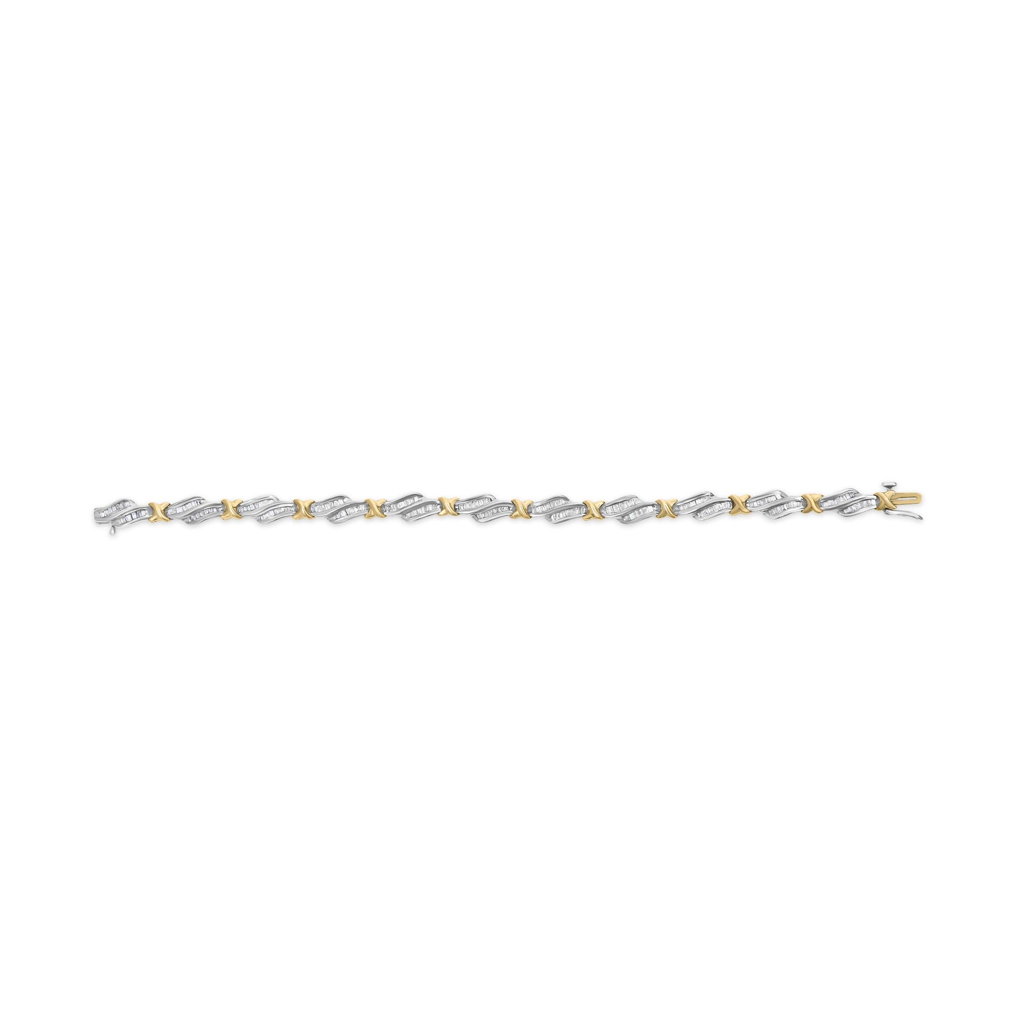 10k Two-Toned Gold 2.00 Cttw Channel Set Baguette-Diamond Weave and  "X" Spiral Link Bracelet (H-I Color, I1-I2 Clarity) - 7"-3