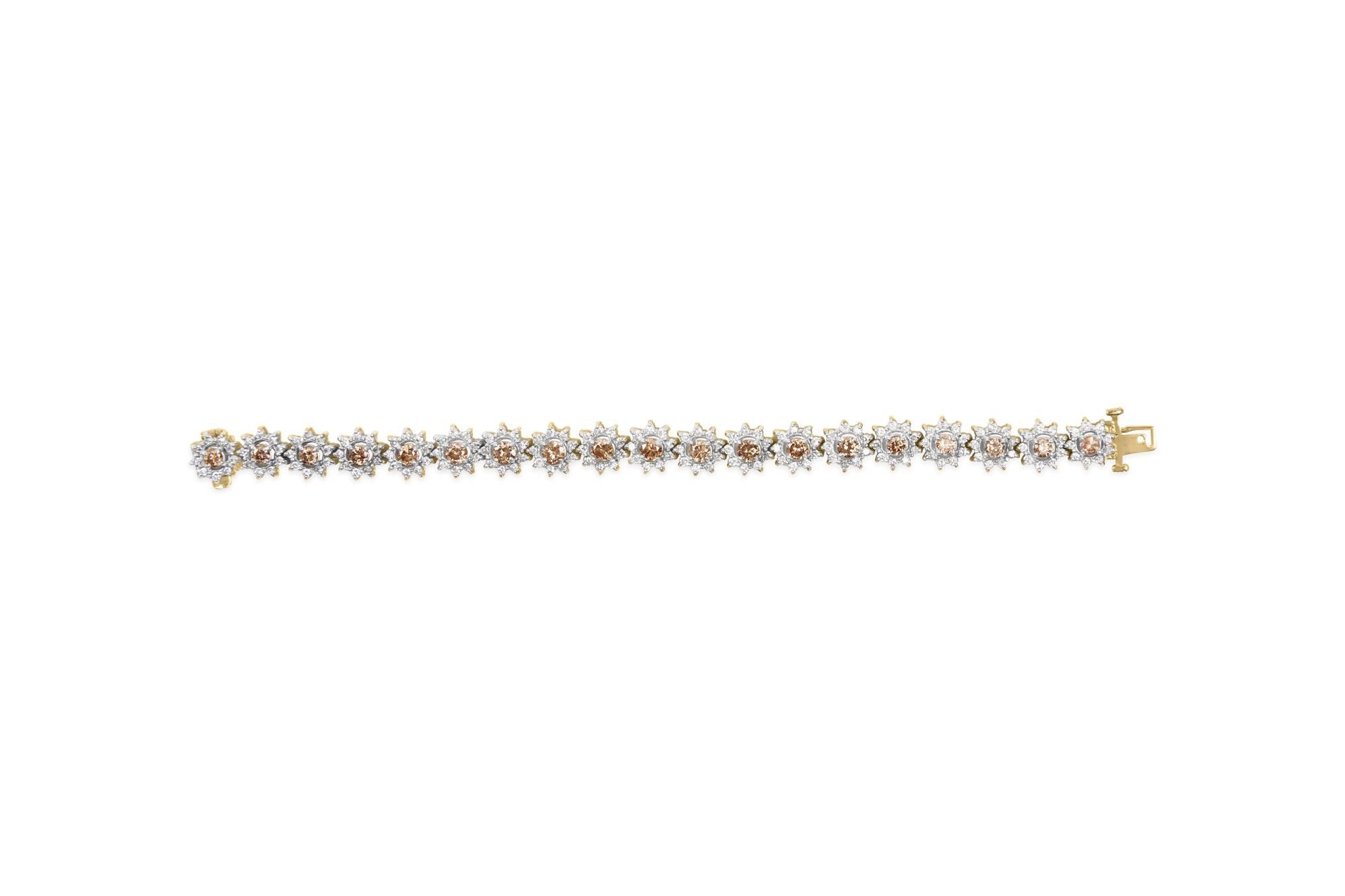 14K Yellow Gold 8.00 Cttw Champagne Diamond Floral Cluster Halo Link Bracelet (H-I Color, I1-I2 Clarity)-3