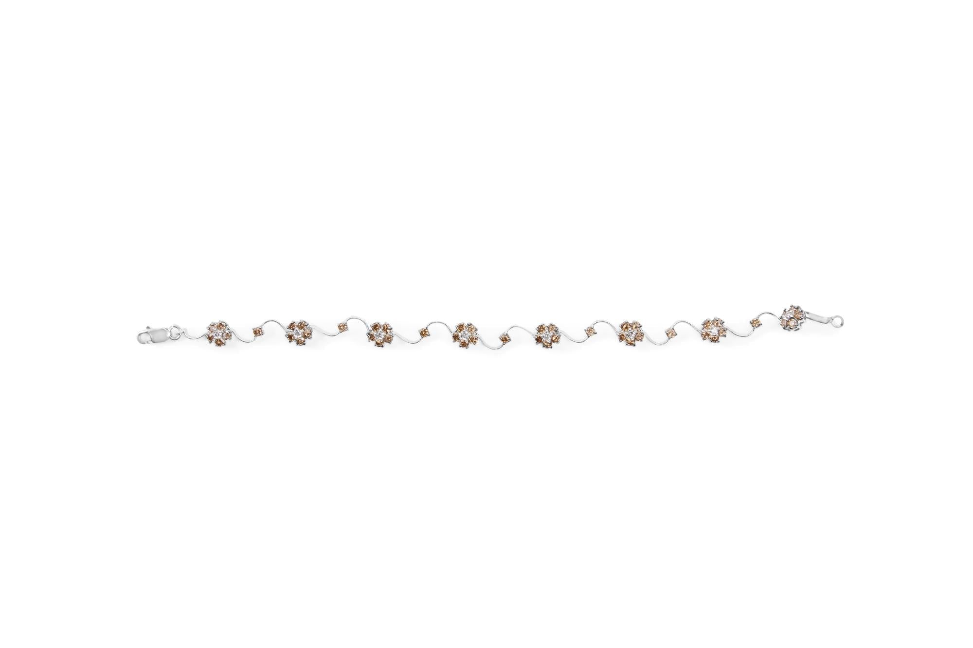 10K White Gold 4.0 Cttw Champagne and White Diamond Floral Cluster and Station Link Bracelet (H-I Color, SI2-I1 Clarity) - 7" Inches-3