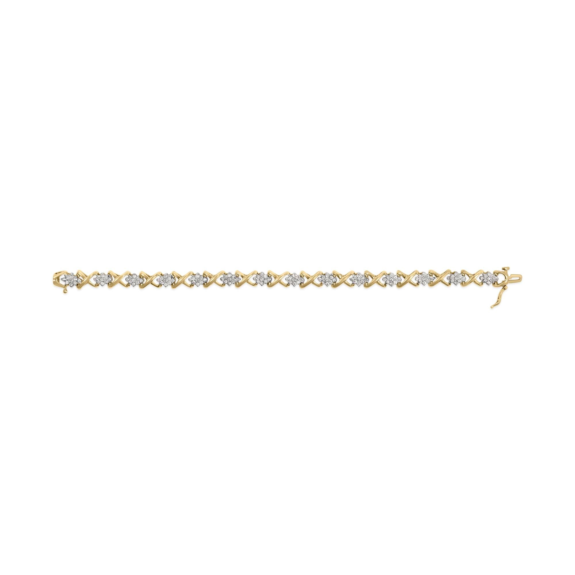 10k Yellow Gold 2.00 Cttw Diamond Cluster and Alternating "X" Link Bracelet (I-J Color, I3 Clarity) - 7"-3