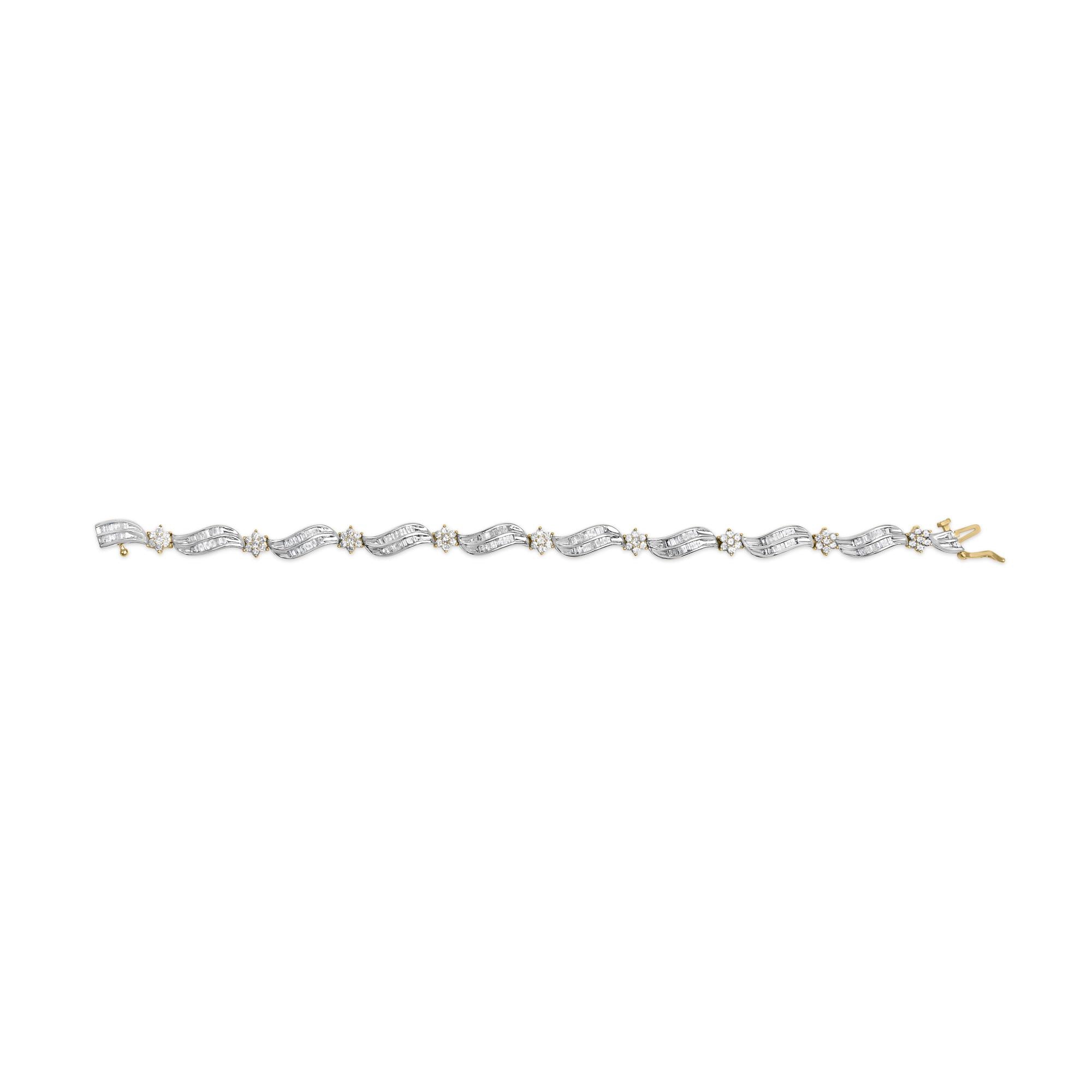 10K Yellow and White Gold 3.00 Cttw Diamond Cluster and Wave Link Bracelet (I-J Color, I1-I2 Clarity) - 7.25"-3