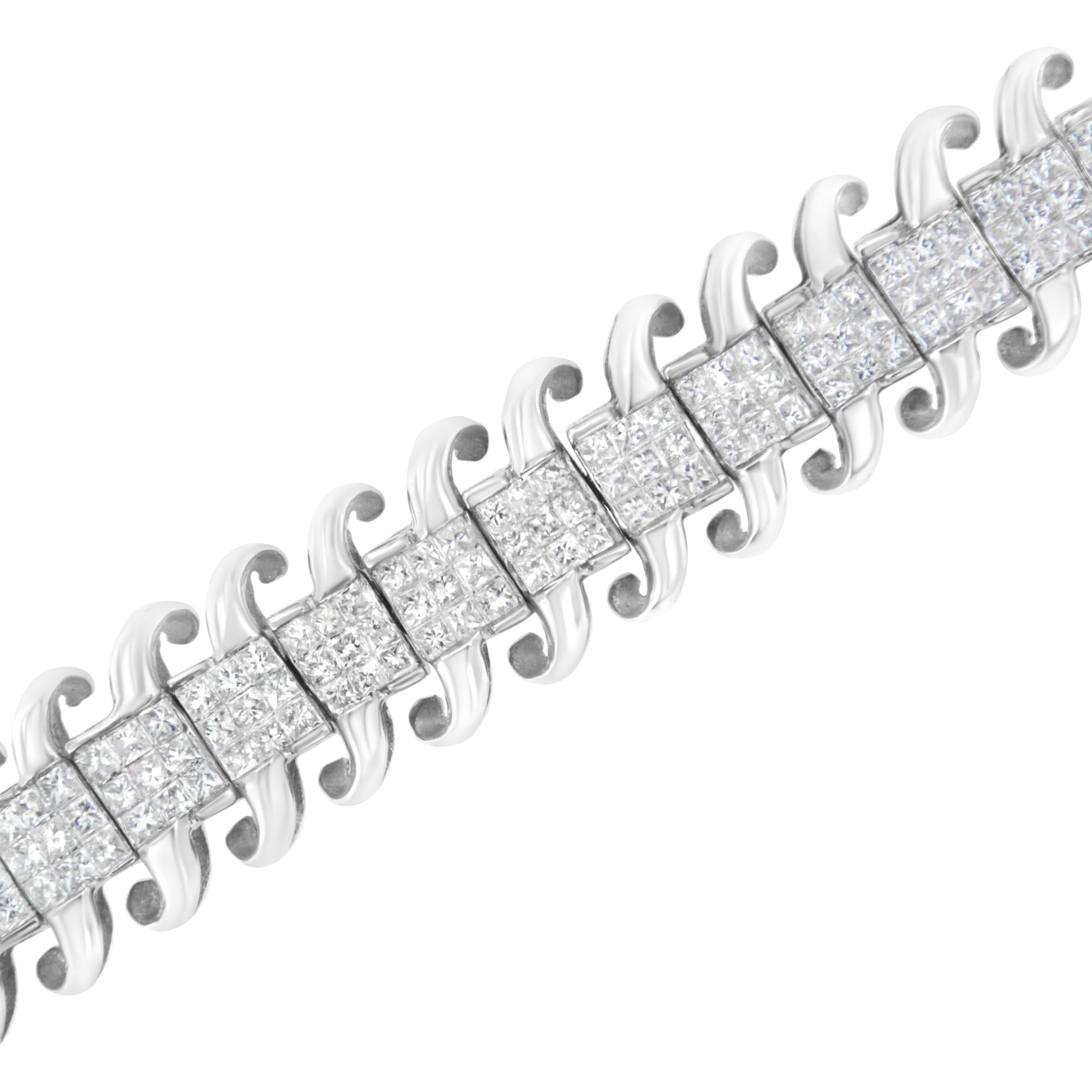 14K White Gold 5.0 Cttw Princess Cut Diamond 7" Invisible Set Wavy S-Link Tennis Bracelet (G-H Color, SI1-SI2 Clarity)-3