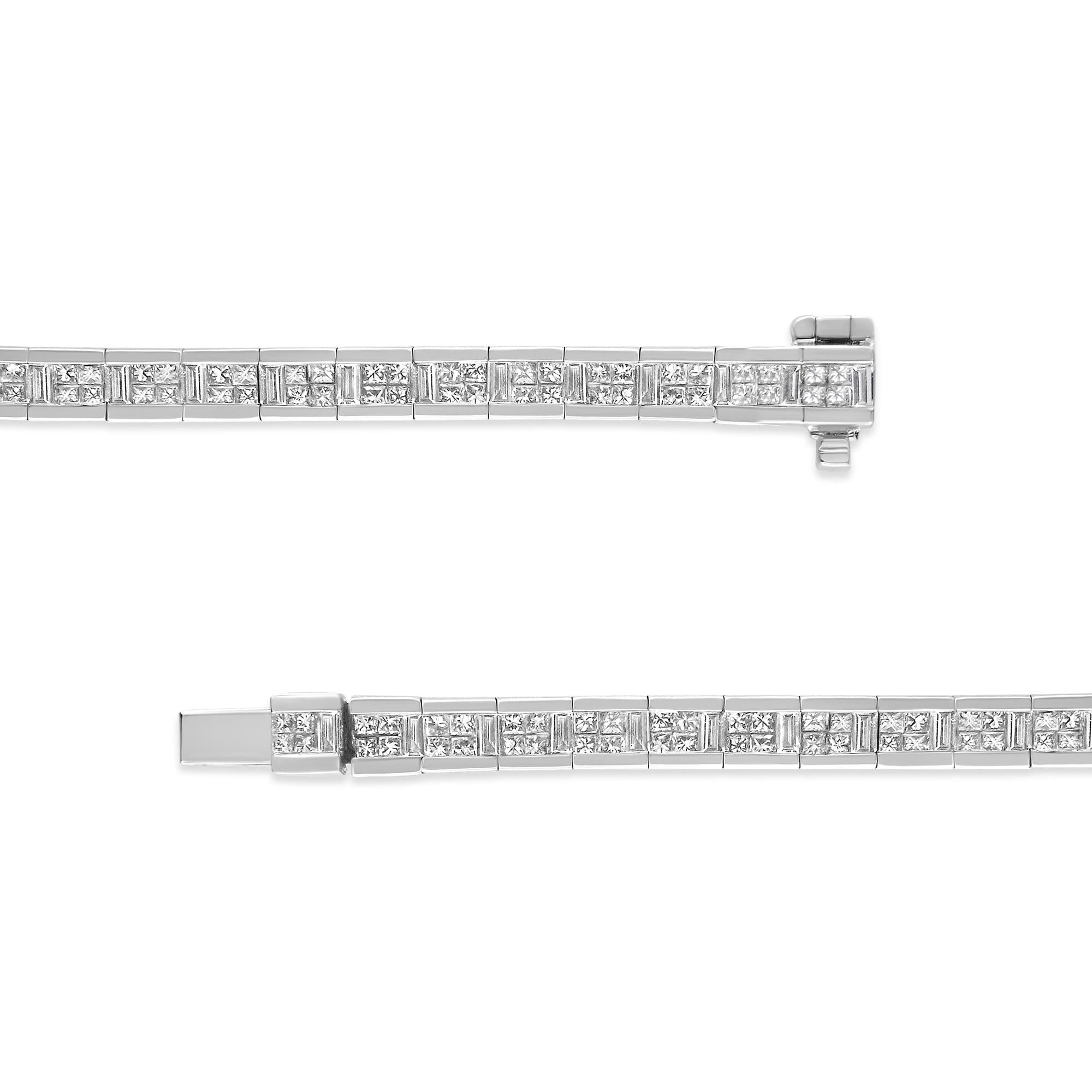 14K White Gold 4 3/8 Cttw Alternating Invisible Set Princess and Baguette Diamond Tennis Bracelet (G-H Color, VS1-VS2 Clarity) - Size 7"-3