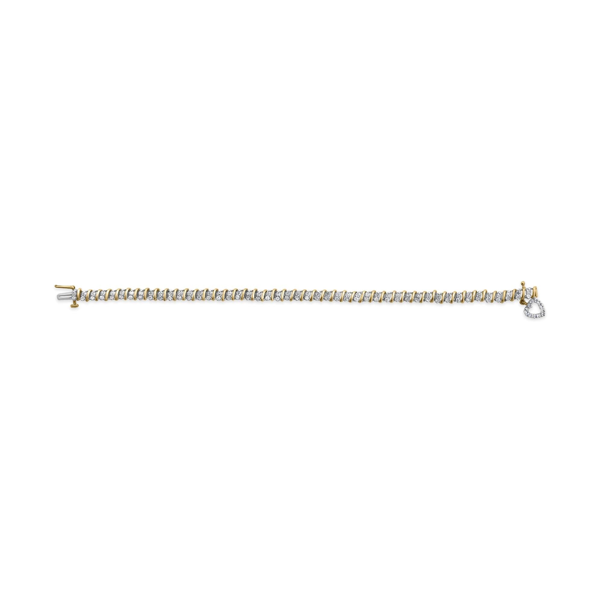 10K Yellow Gold 2.0 Cttw Diamond 2 Row Link and Heart Charm 7" Link Bracelet (I-J Color, I3 Clarity)-3