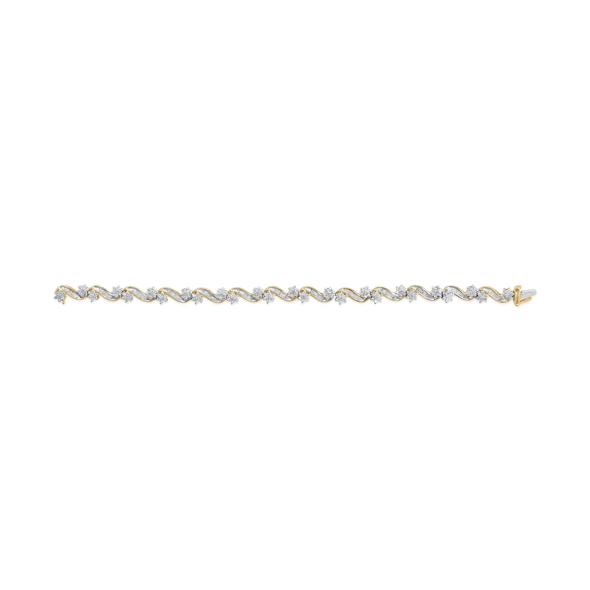 10k Yellow Gold 3.00 Cttw Round-Cut and Baguette-Cut Floral Link 7.25" Bracelet (I-J Color, I1-I2 Clarity)-3