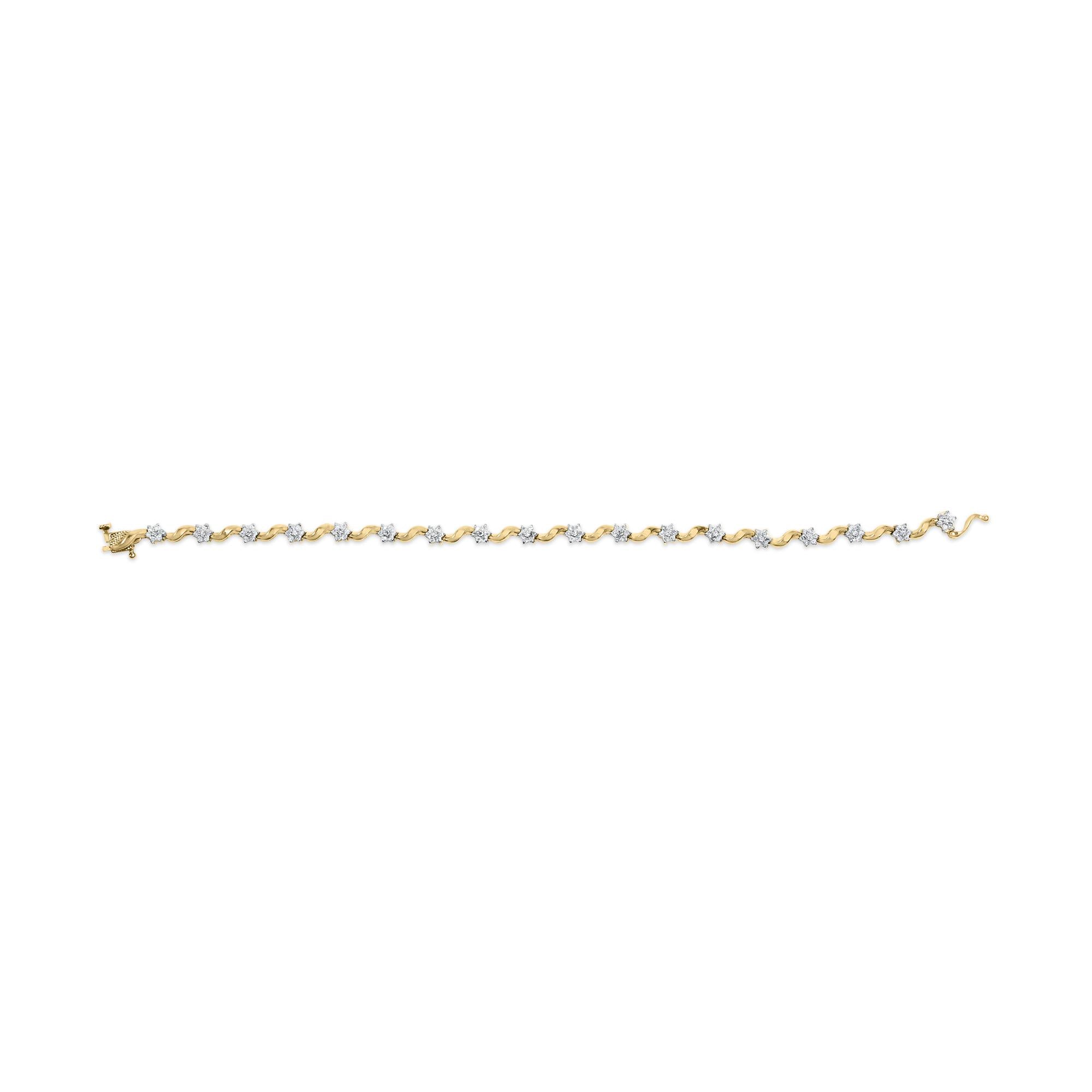 10k Yellow Gold 1.00 Cttw Round-Cut Diamond Floral S-Link 7.50" Bracelet (I-J Color, I2-I3 Clarity)-3