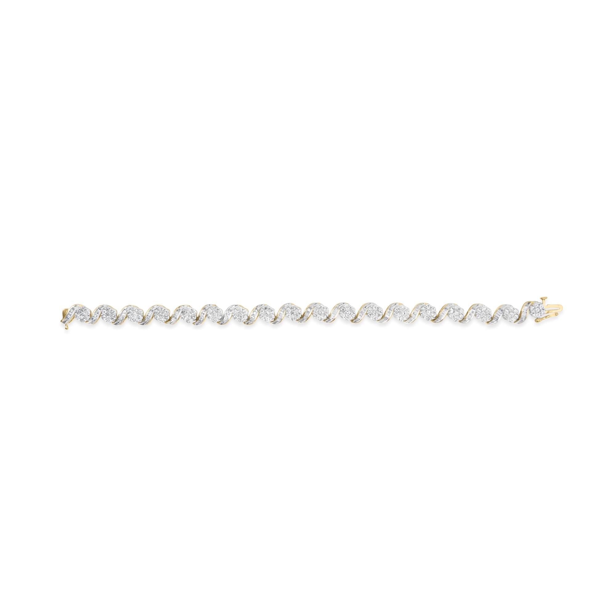 10k Yellow Gold 5.00 Cttw Round-Cut and Baguette-Cut Diamond Floral Link 7.25" Bracelet (I-J Color, I2-I3 Clarity)-3