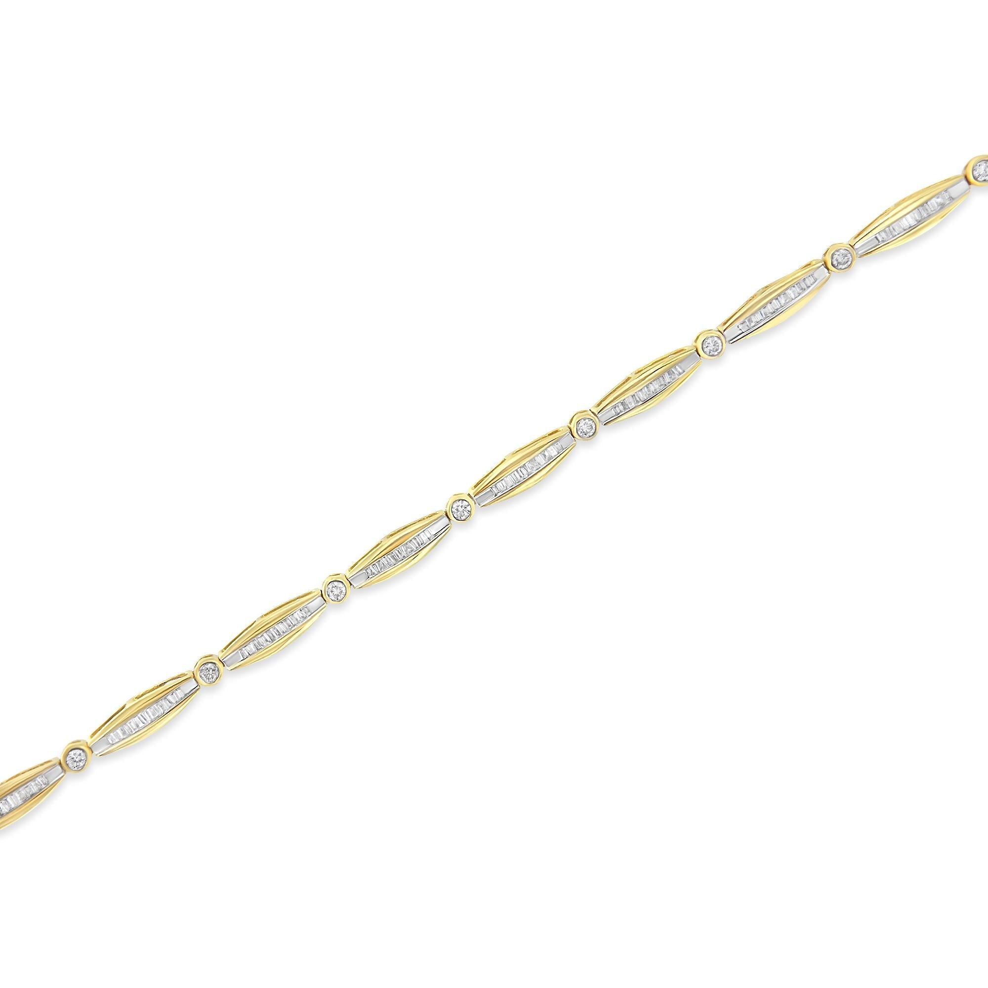 14K Yellow Gold 1-1/2 Cttw Round Brilliant-Cut & Baguette Cut Diamond Bezel and Tapered Link 7" Tennis Bracelet (H-I Color, I1-I2 Clarity)-3