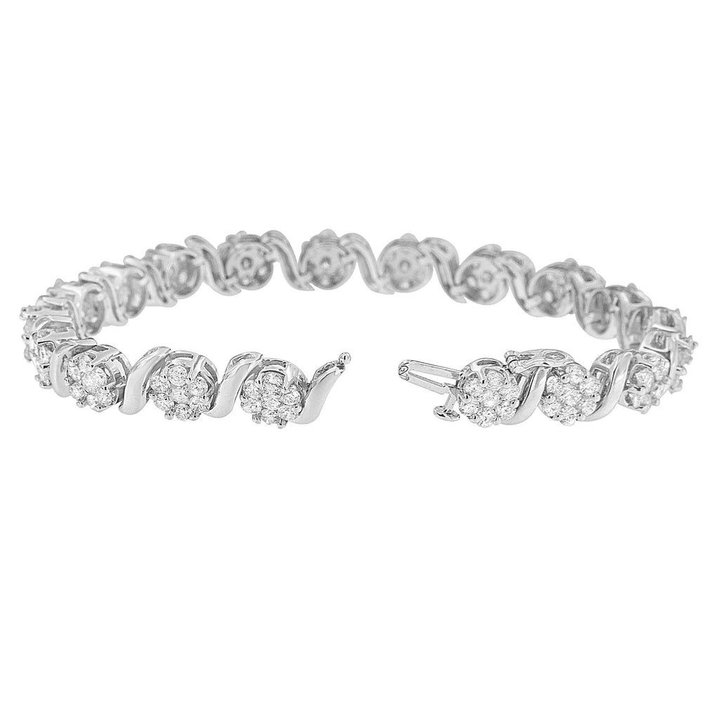 14K White Gold 7 3/8 Cttw Round Brilliant Diamond Floral Cluster and S Link Bracelet (H-I Color, SI2-I1 Clarity) - 7" Inches-3