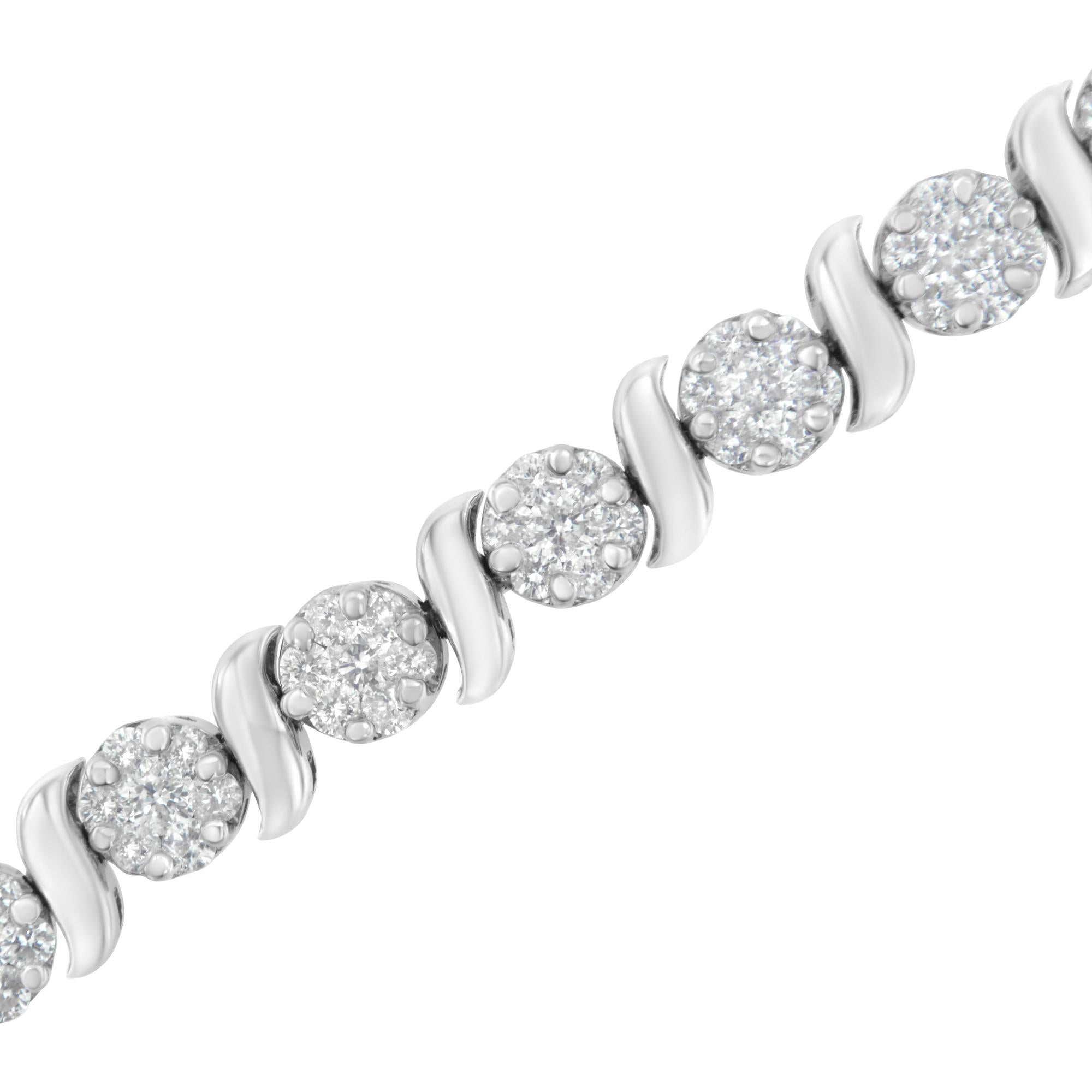 14K White Gold 5 1/4 cttw Diamond S-Link Floral Cluster Tennis Bracelet (I-J Clarity, SI2-I1 Color) - Size 7"-3