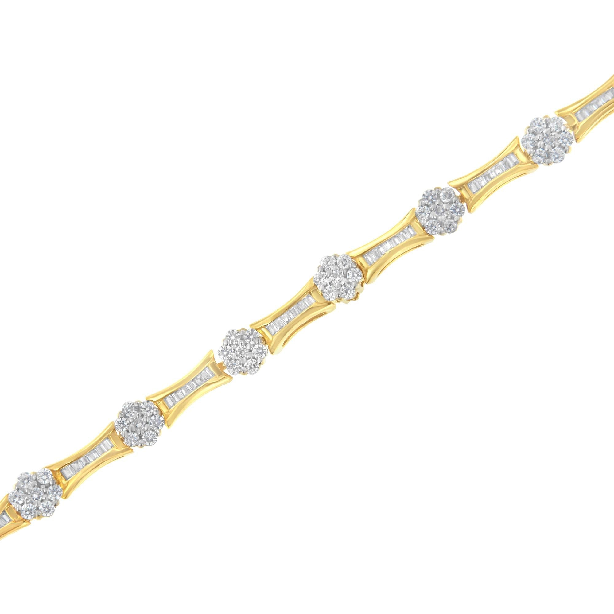 10K Yellow and White Gold 2.00 cttw Round and Baguette-Cut Diamond Link Bracelet (I-J Color, I2-I3 Clarity) - Size 7.25"-3