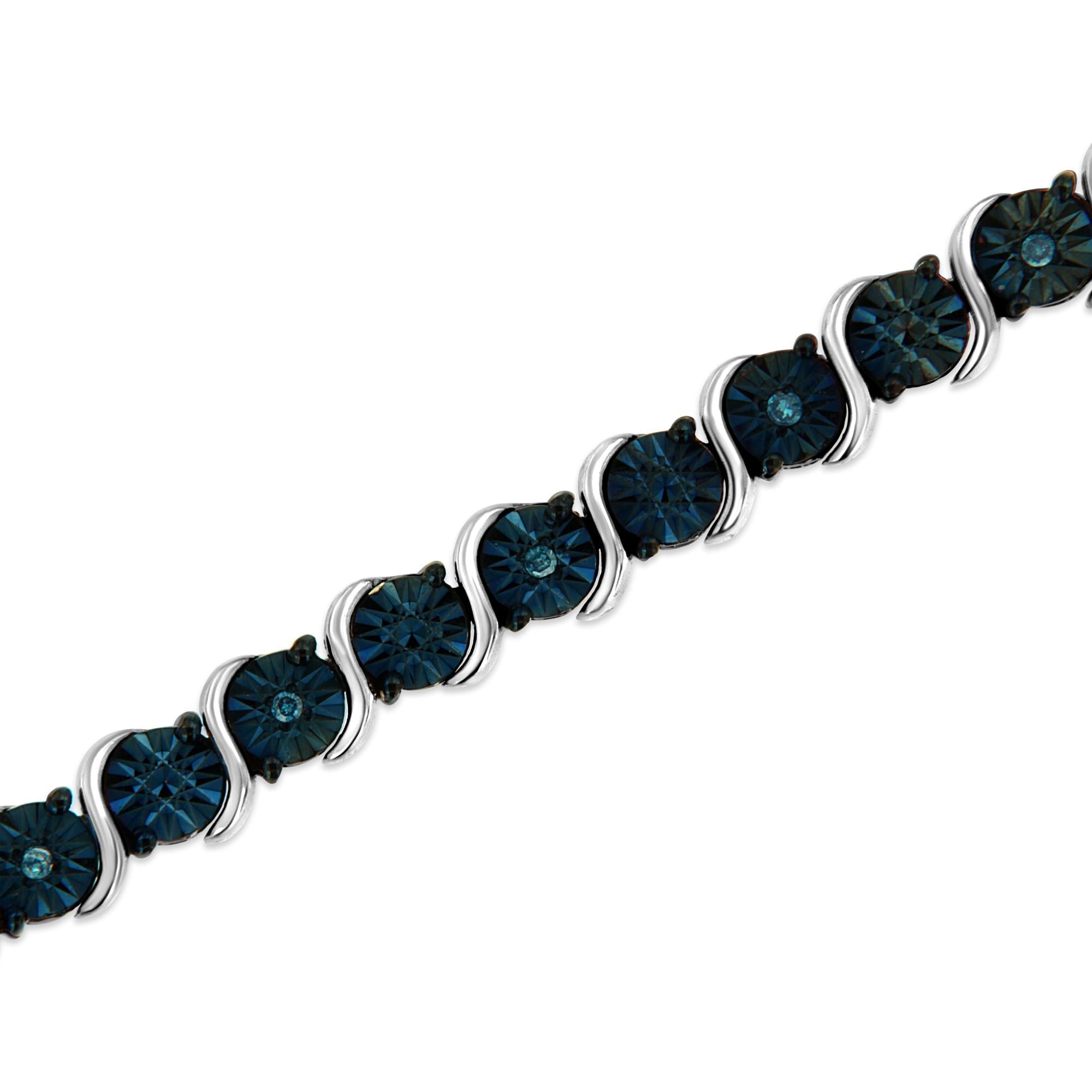 .925 Sterling Silver 1/10 Cttw Miracle-Set Treated Blue Color Diamond Miracle Plate "S" Link Tennis Bracelet (Blue Color, I2- I3 Clarity) - 7.25"-3