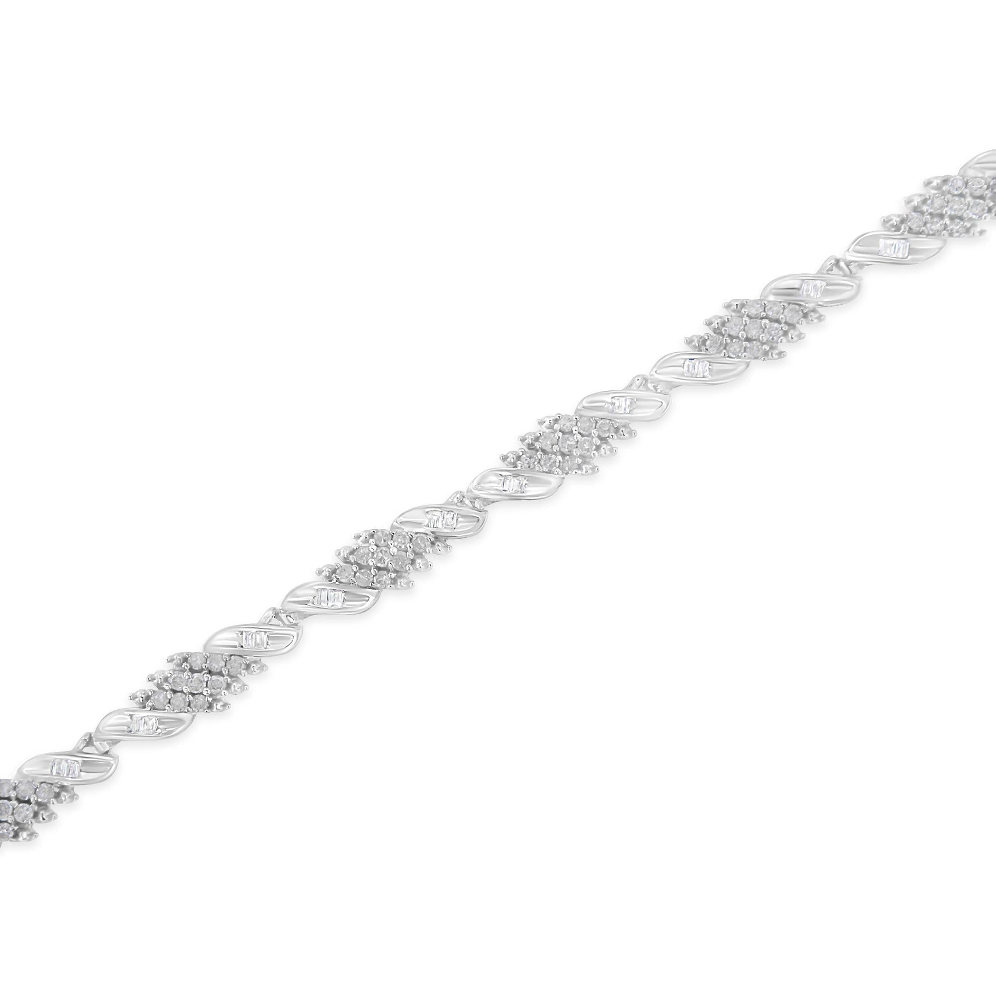 .925 Sterling Silver 1-1/2 Cttw Round and Baguette Cut Diamond Wave Link Bracelet (I-J Color, I2-I3 Clarity) - 7"-3