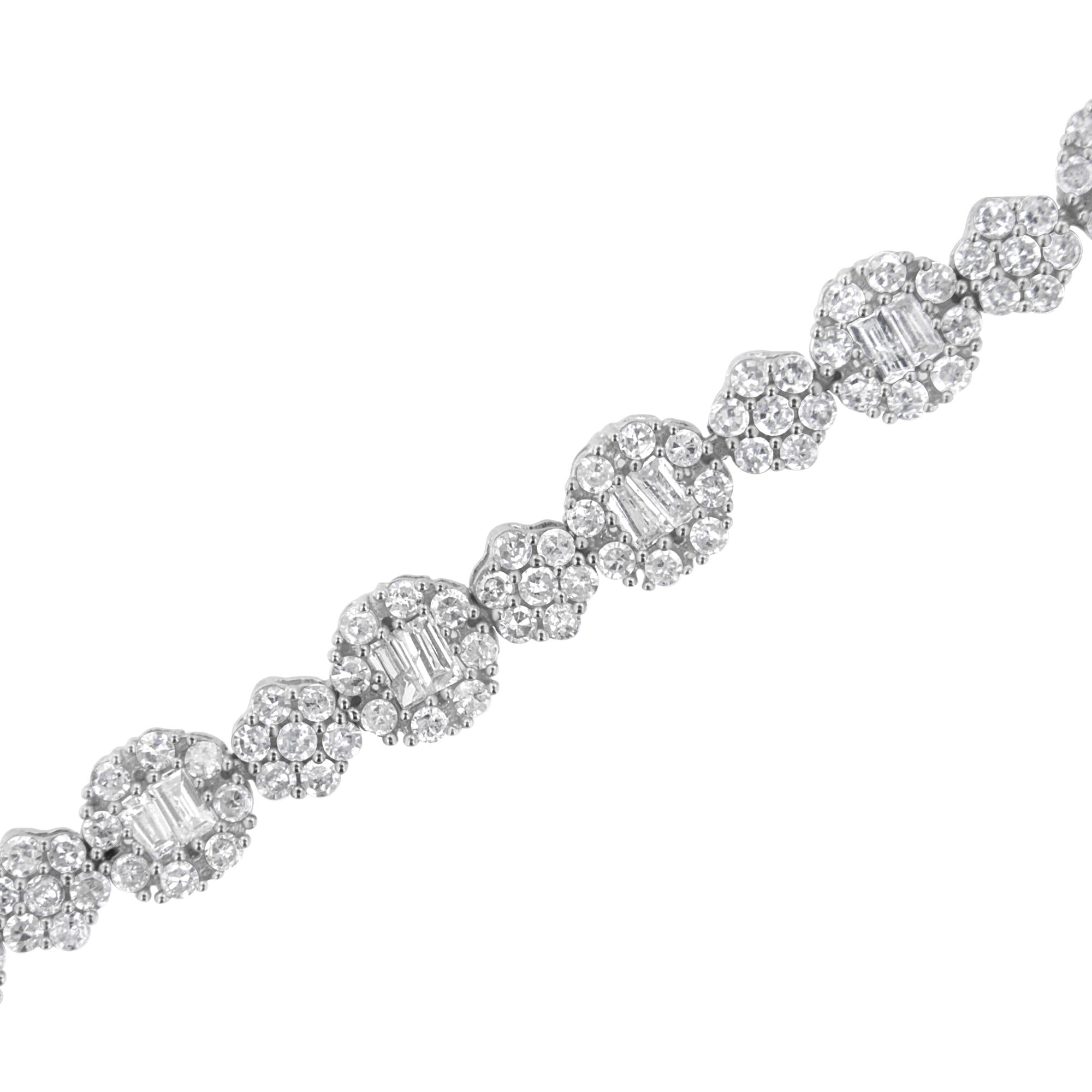 10K White Gold 4.0 cttw Brilliant Round-cut and Baguette Diamond Floral Cluster Link Bracelet (I-J Clarity, I1-I2 Color) - Size 7"-3