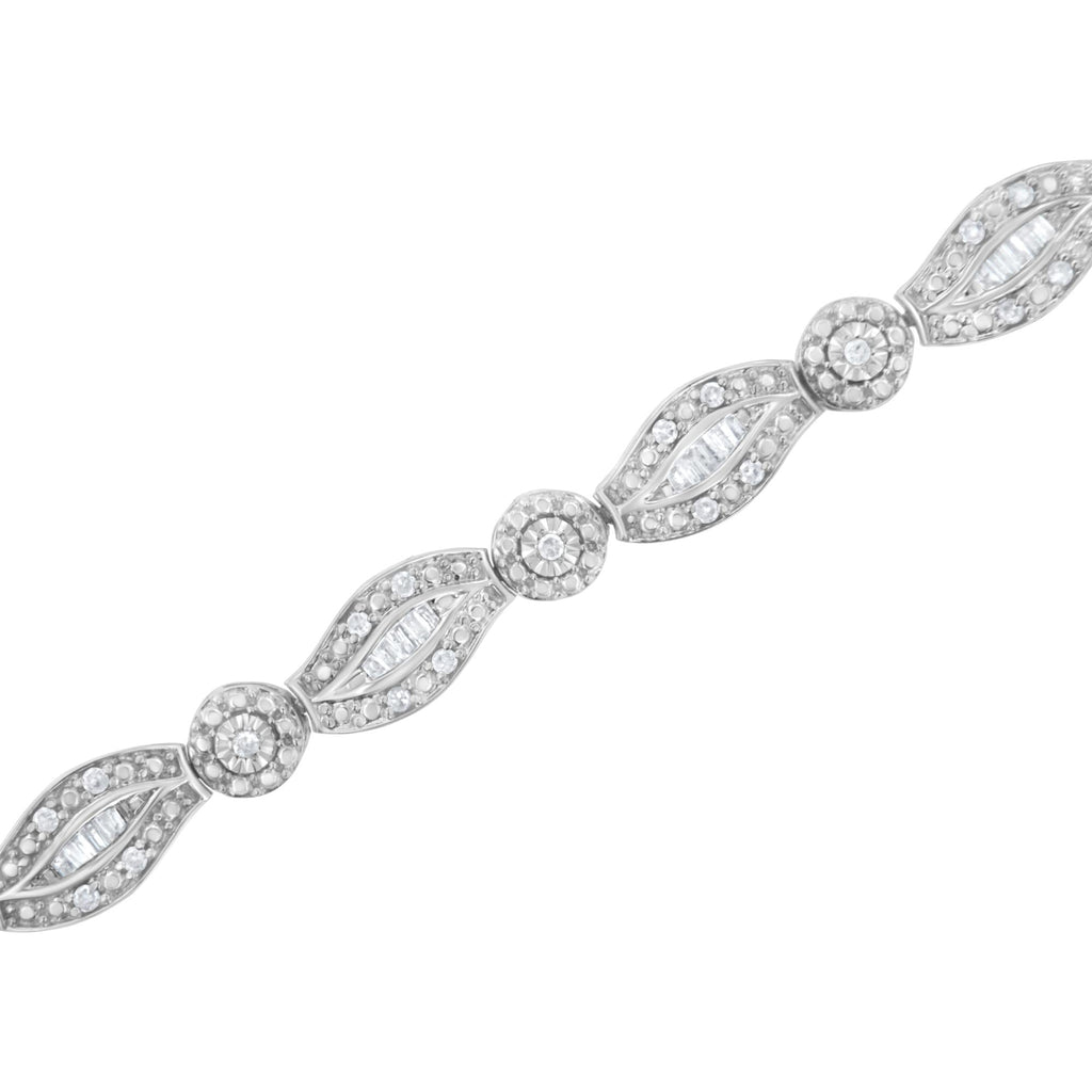 .925 Sterling Silver 1 cttw Diamond Double Leaf and Bezel Link Bracelet (I-J Clarity, I2-I3 Color) - Size 7.25"-3