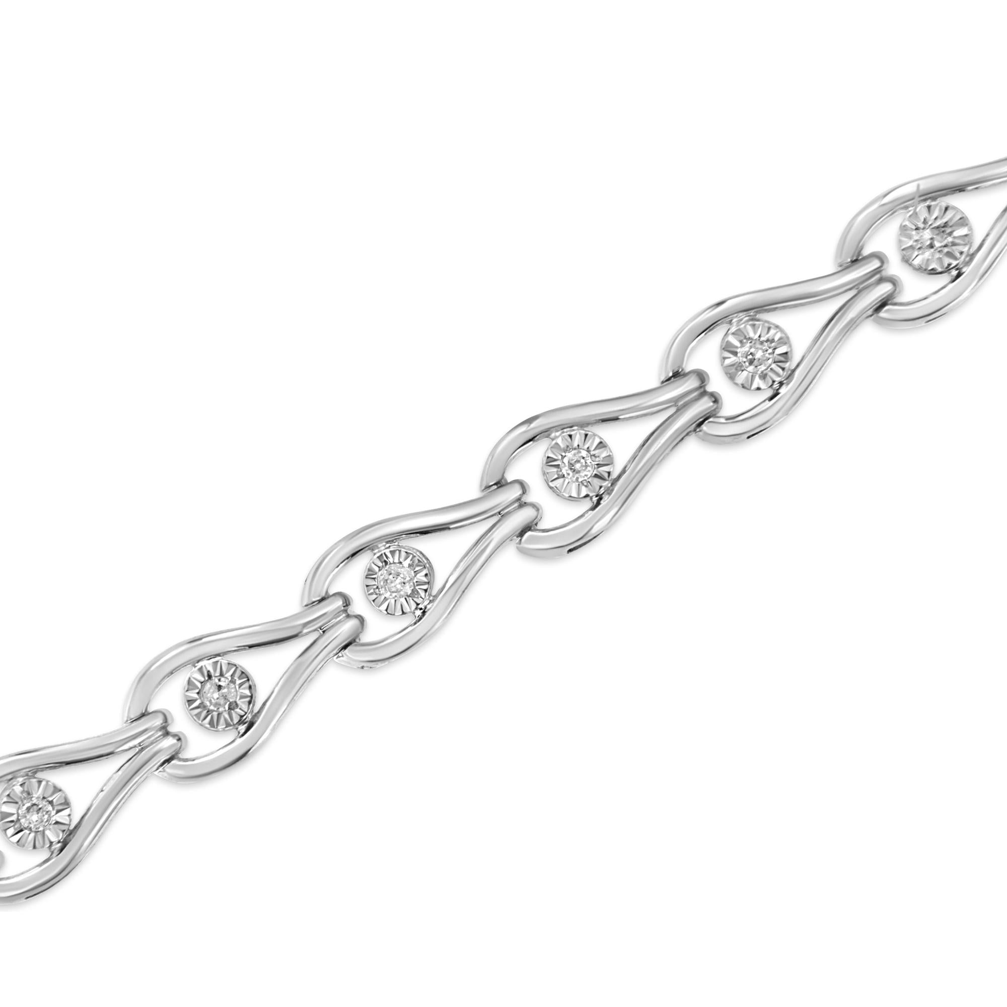 .925 Sterling Silver 1/10 Cttw Miracle-Set Diamond Pear Shape and Bezel Link Bracelet (I-J Color, I3 Clarity) - 7.25"-3